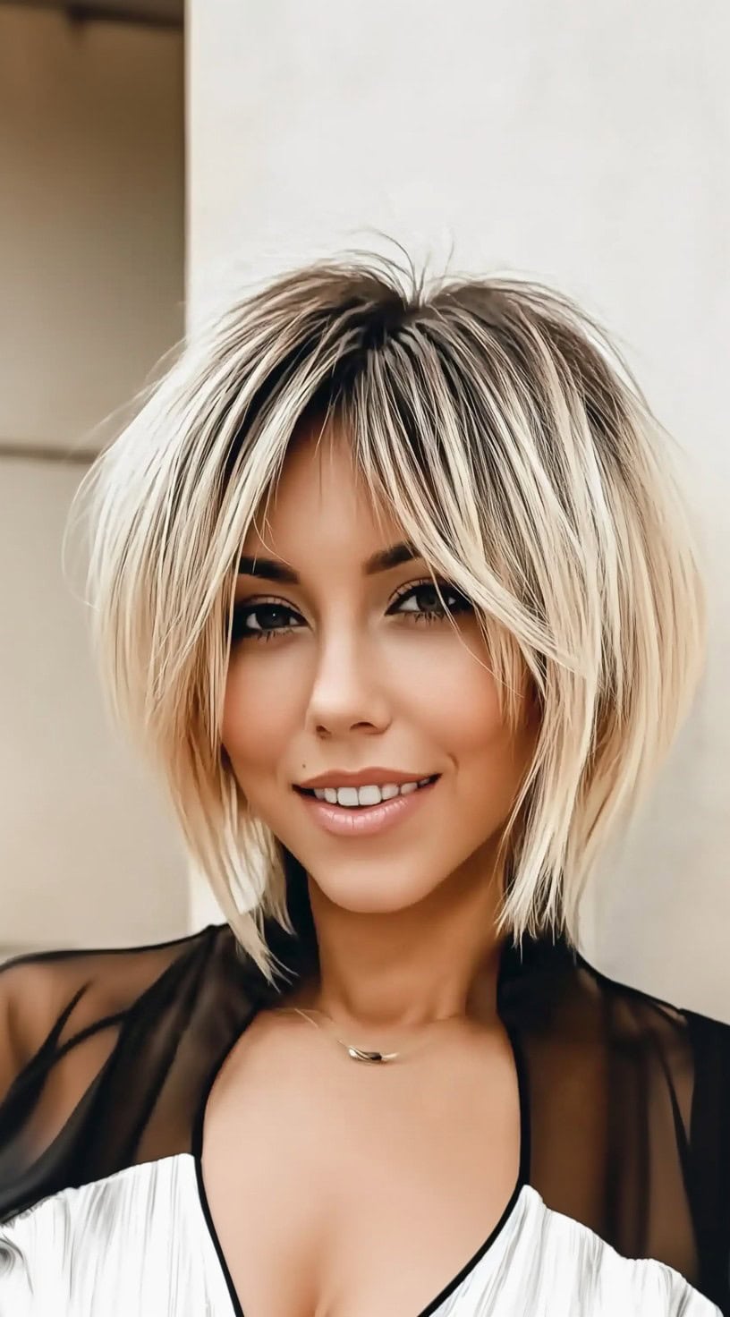 A woman with a platinum shaggy bob featuring layered curtain bangs and high-contrast lowlights for added depth.
