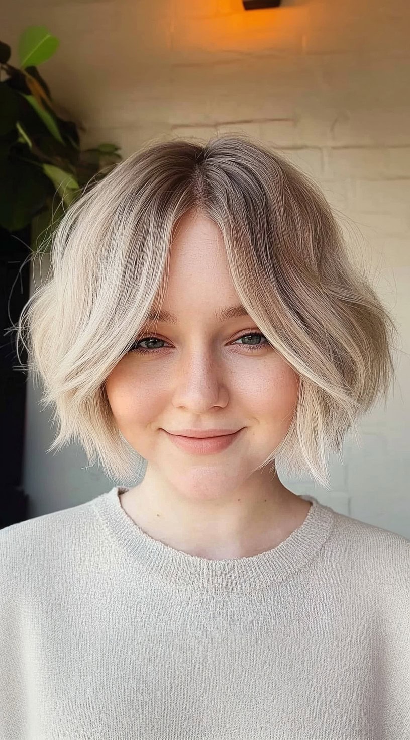 A woman with a platinum blonde shag bob, styled with a soft middle part and slightly curled ends for volume.