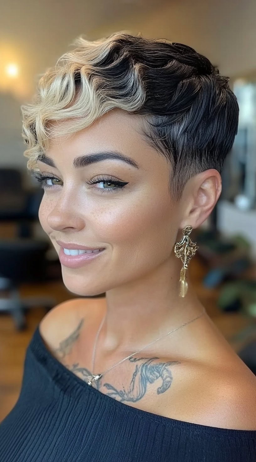 A woman with a short tapered pixie featuring sculpted finger waves in platinum blonde and black.