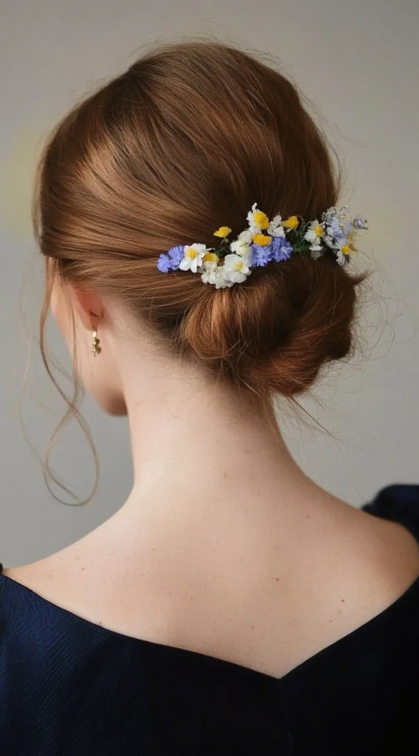 A back view of a red-haired woman with a tucked chignon accented with small colorful wildflowers placed along the bun.