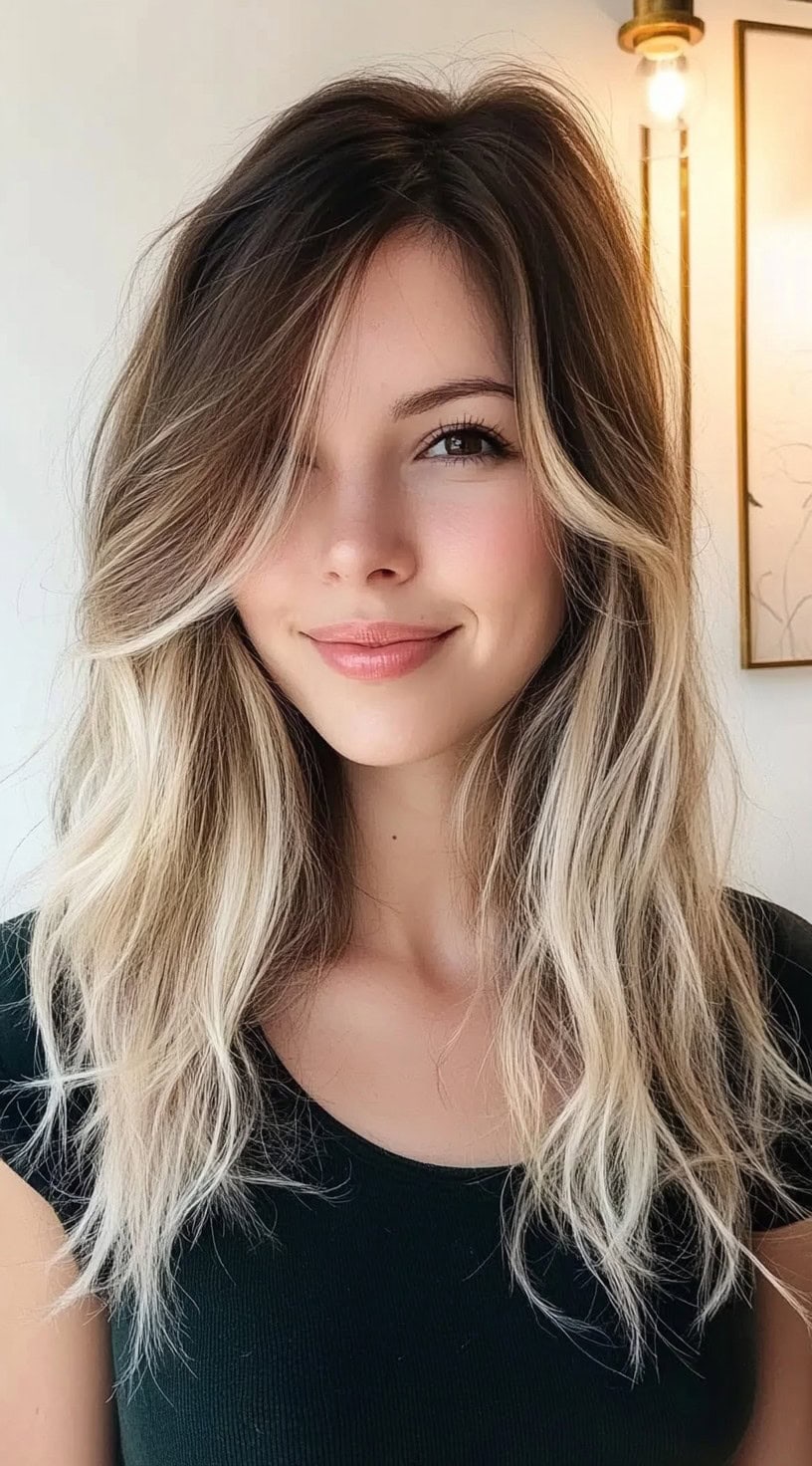A long layered haircut with lived-in blonde balayage and tousled texture, styled into soft natural waves.