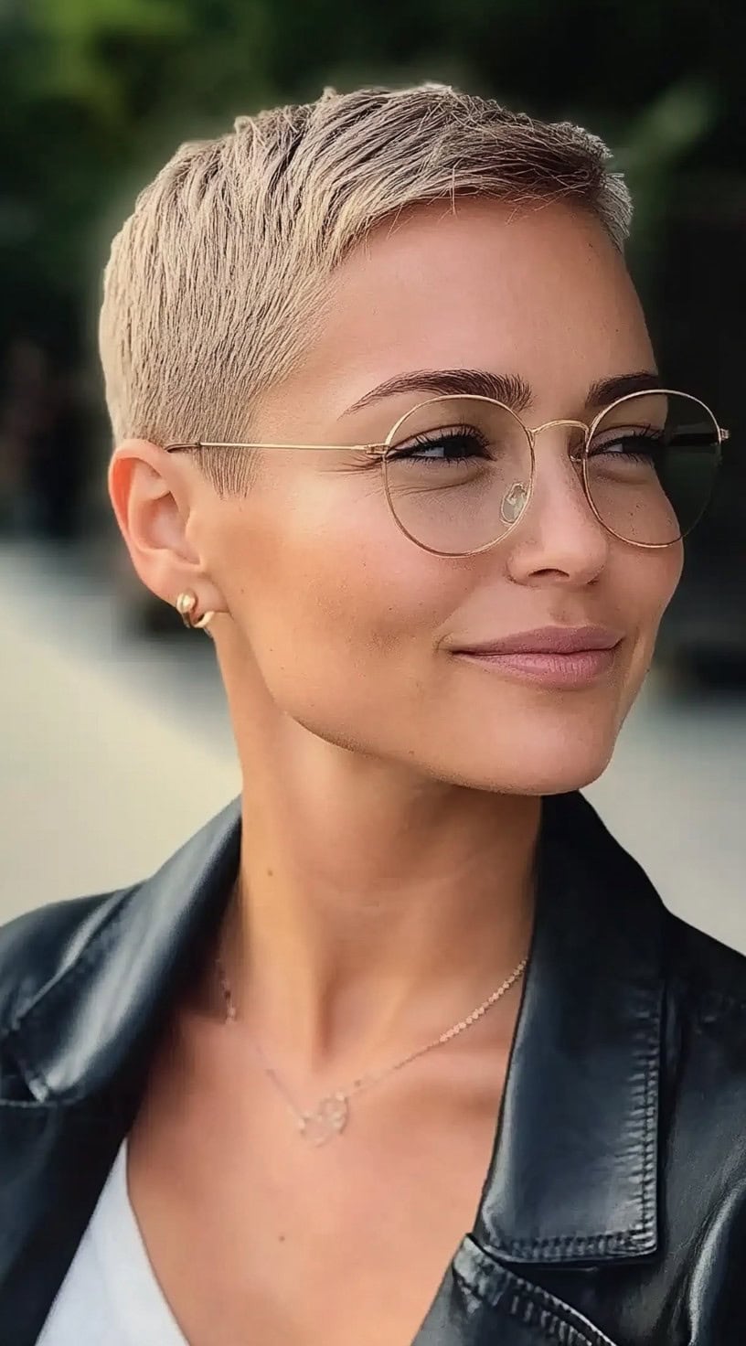 A woman with a sandy blonde tapered pixie and fine texture, wearing gold-rimmed glasses and a black jacket.