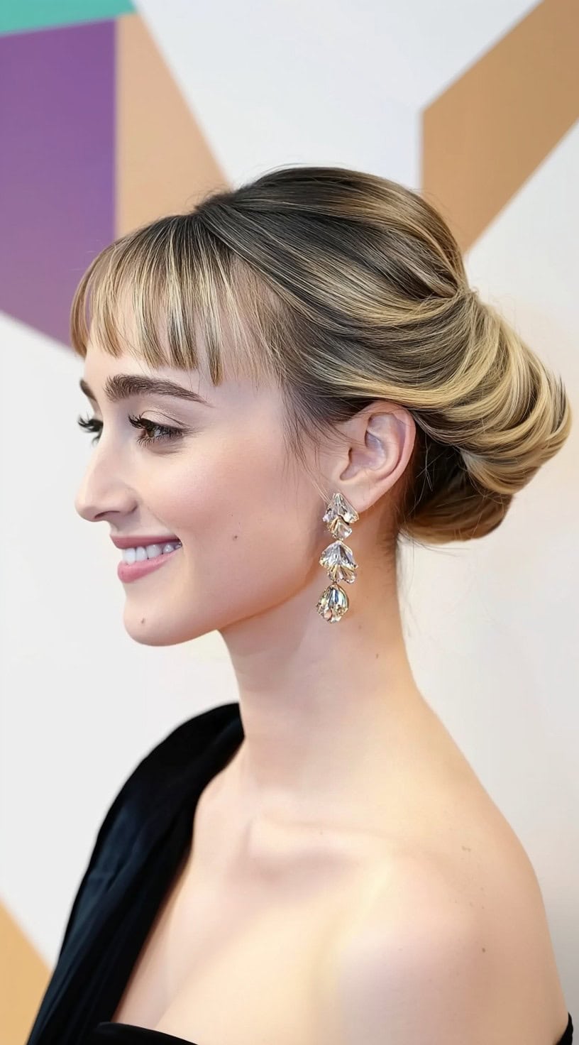 A woman with a sculpted French twist and softly textured bangs wearing statement earrings and a black one-shoulder dress.