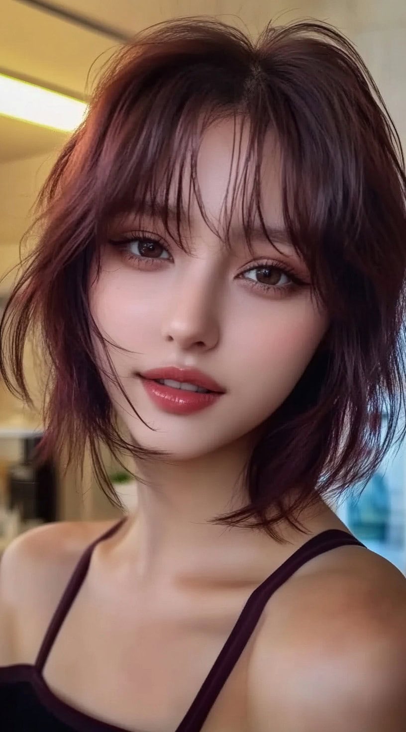 A shoulder-length shag haircut with razored layers, wispy fringe, and tousled burgundy hair styled with volume and edge.
