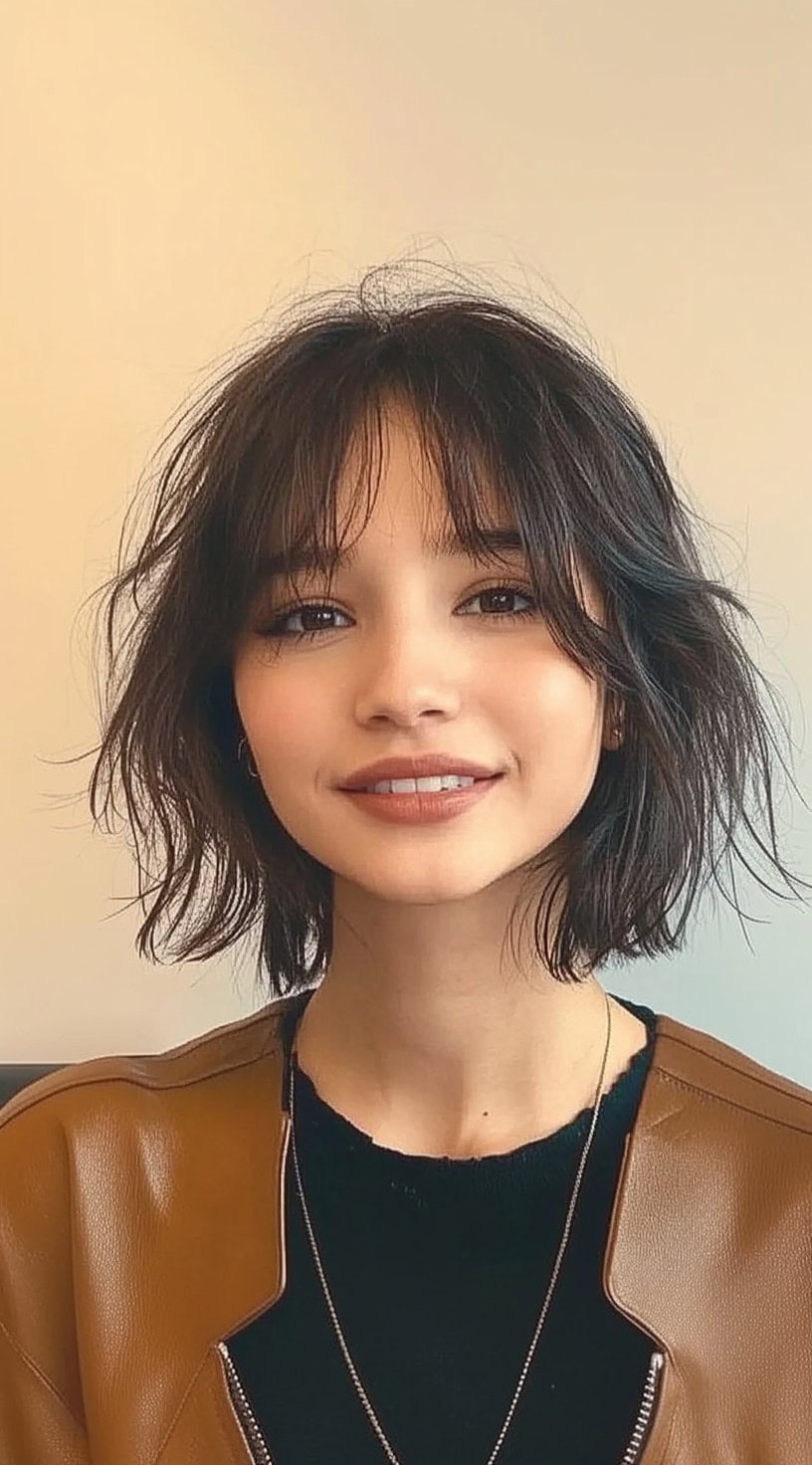 A young woman with a tousled dark bob and soft, wispy bangs styled to fall naturally around her face.