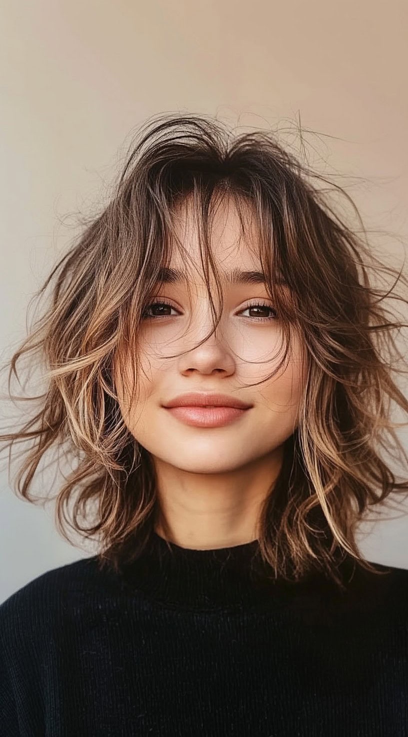 A woman with a tousled mid-length bob featuring soft layers and curtain-like fringe that frames her face naturally.