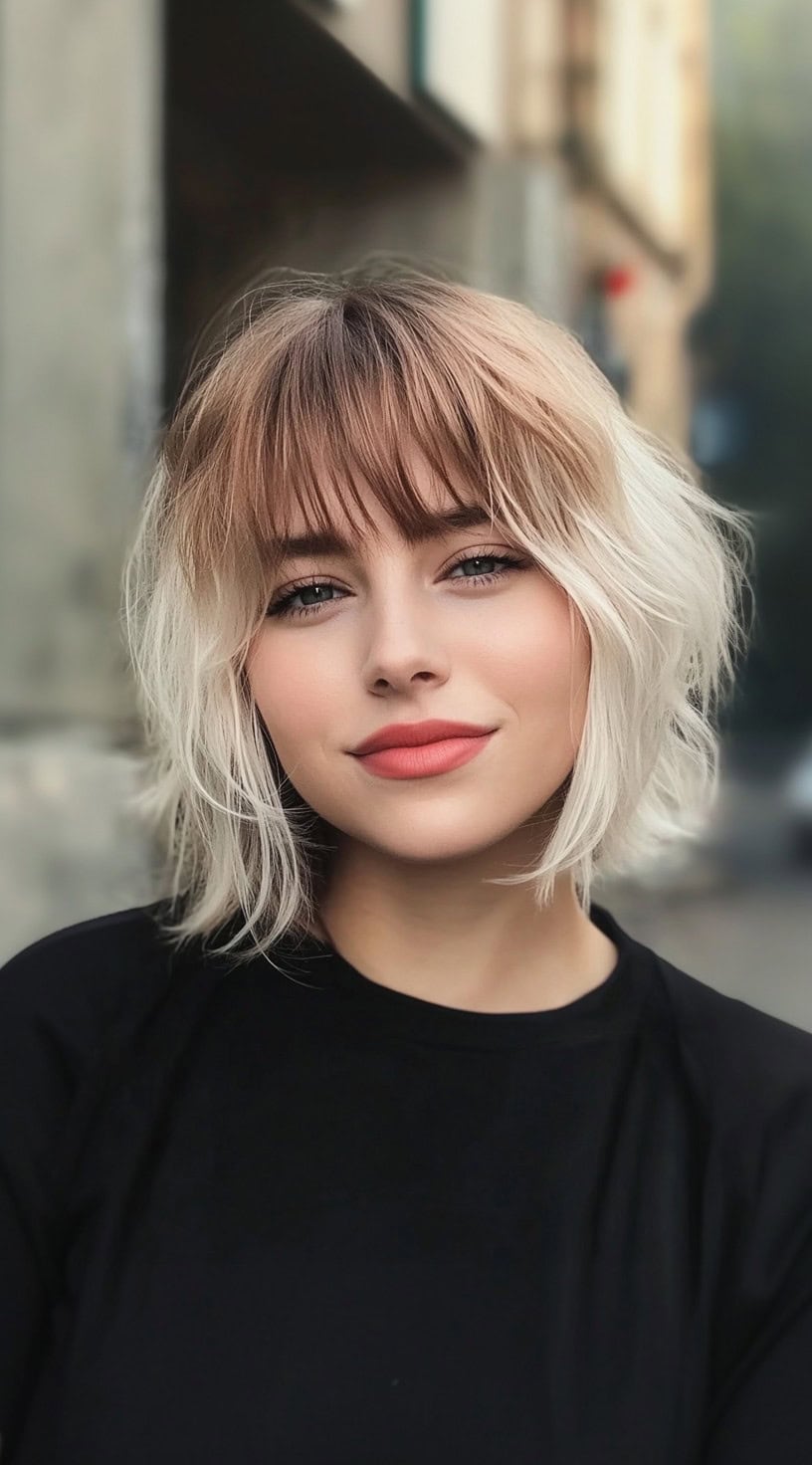 A woman with a wavy bob styled in a light-to-dark ombre and full, blunt bangs.