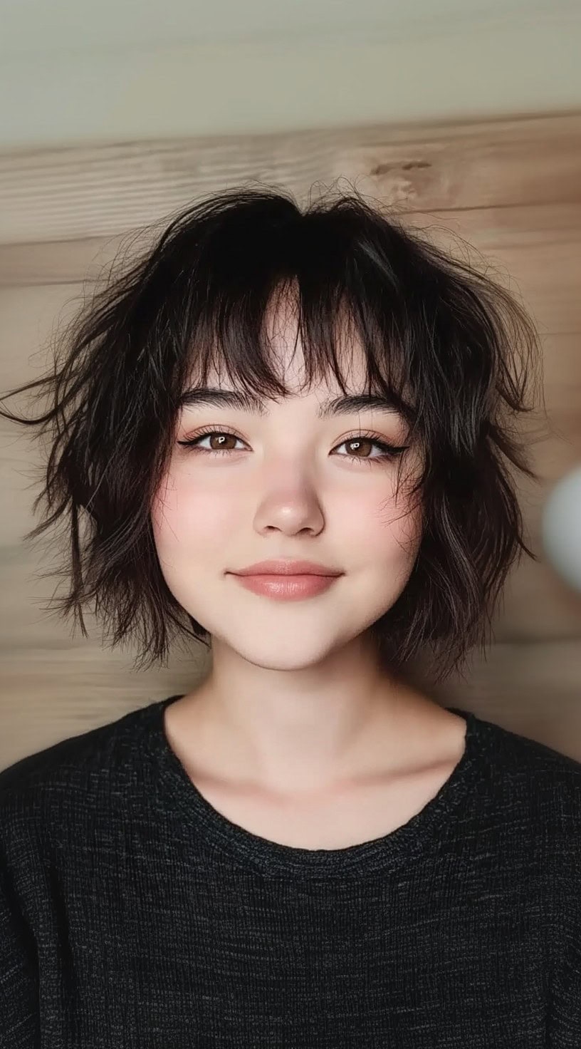 A woman with a short shaggy bob styled with flipped-out ends and blunt bangs framing her face.