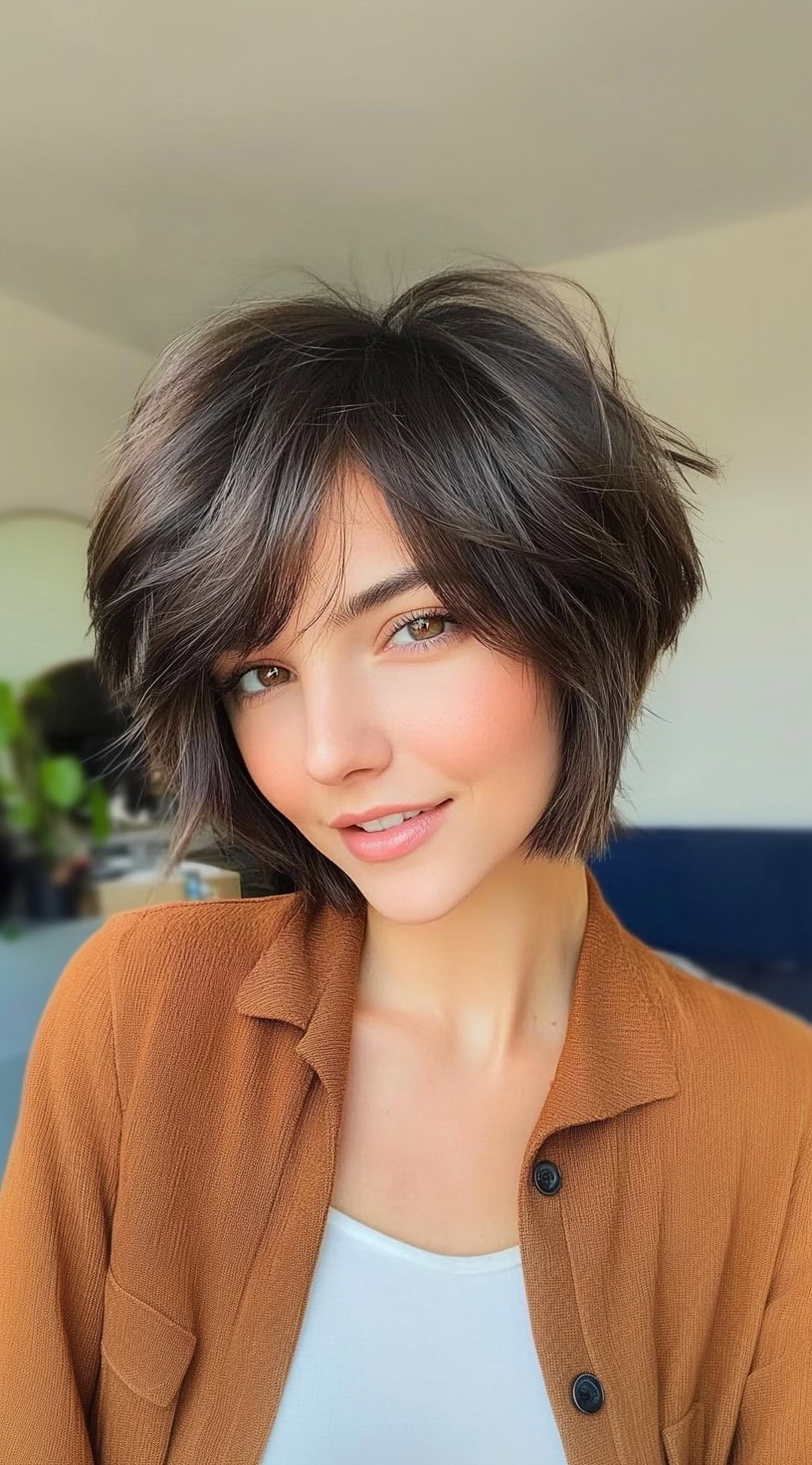 A woman with a short shag bob, styled with full side bangs and lifted layers at the crown for added volume.