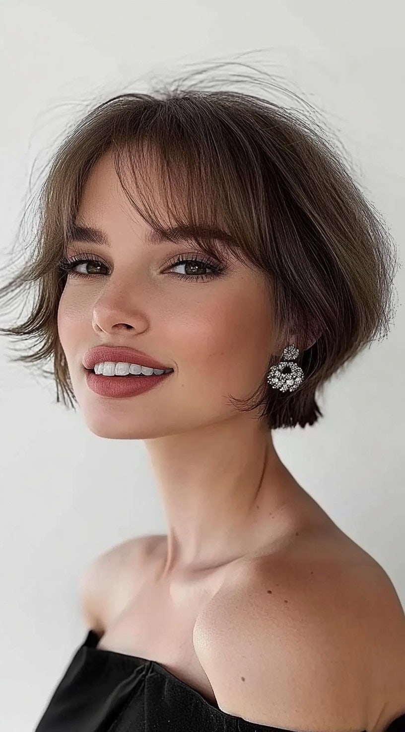 A woman with a chin-length tousled bob featuring wispy curtain bangs, soft brown hair, and voluminous side layers.