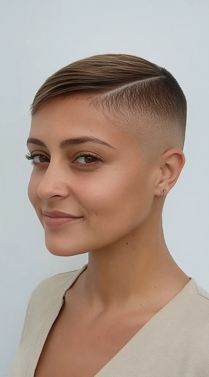 A woman with a precision fade and deep side part, her short brown hair styled sleek across the crown.