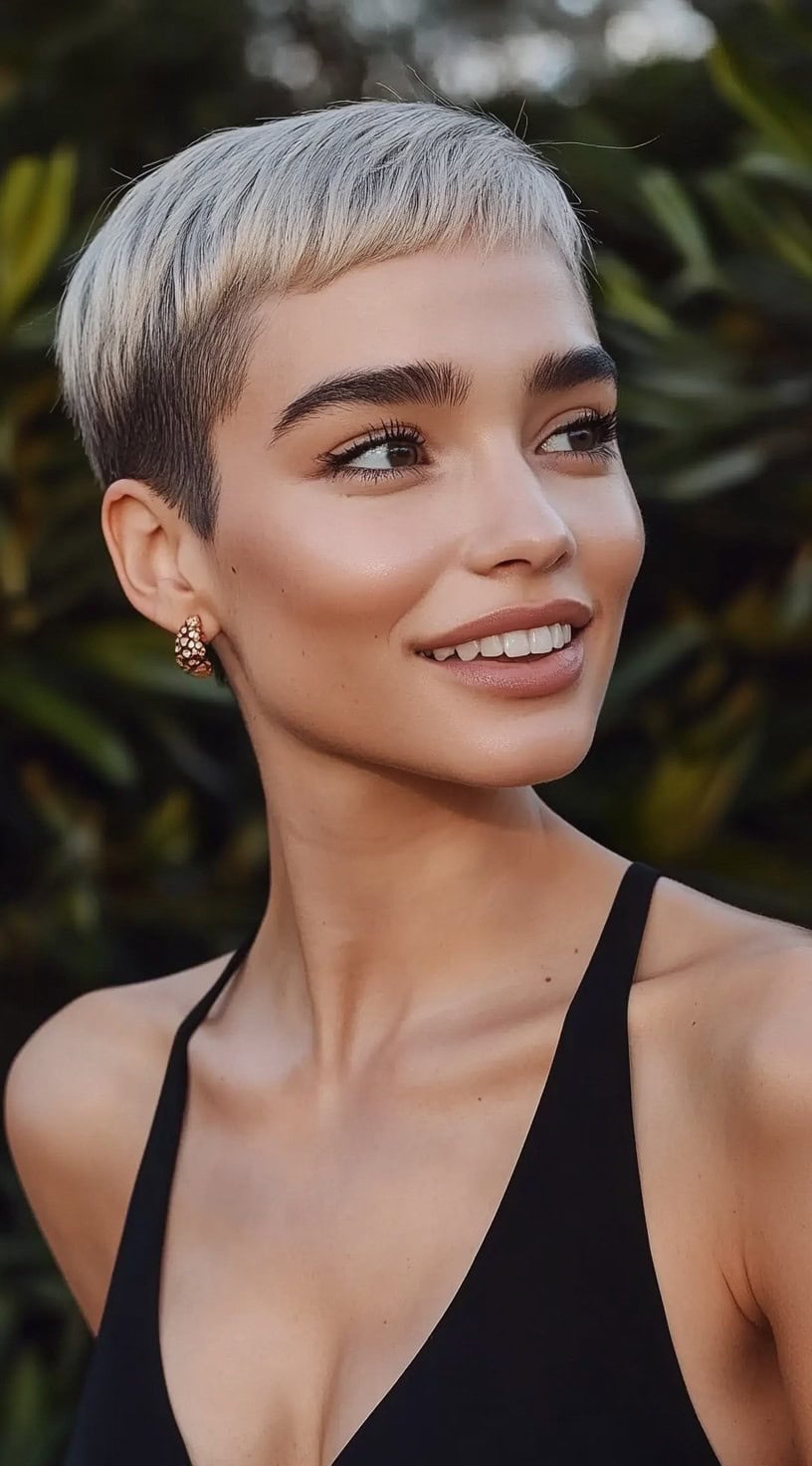 A woman with an icy silver pixie and short, blunt micro bangs is standing outdoors with a soft smile.