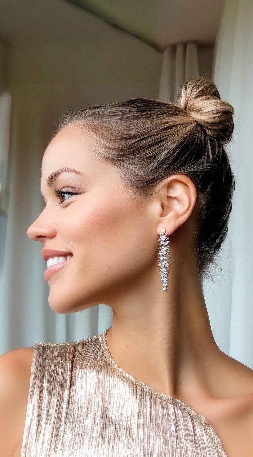 A woman with blonde hair styled into a high, compact knot with a smooth, tight base.
