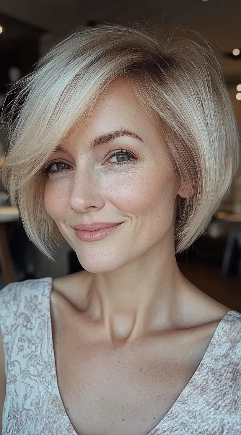 A polished, rounded bob cut with platinum blonde color and soft side-swept bangs, styled for volume at the crown.