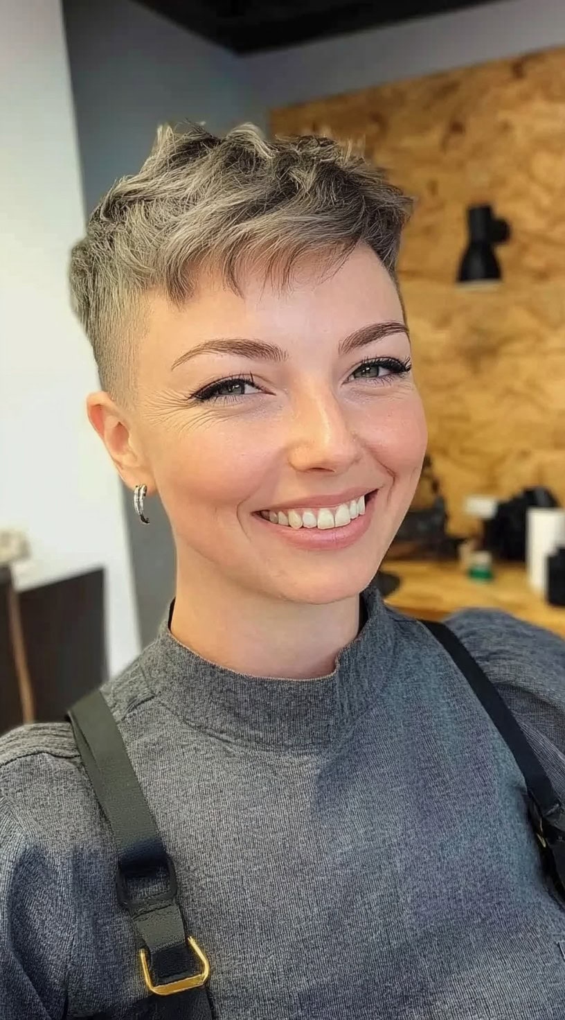 A woman with a smoky ash-colored pixie cut, textured on top with a faded undercut, smiling in a salon.