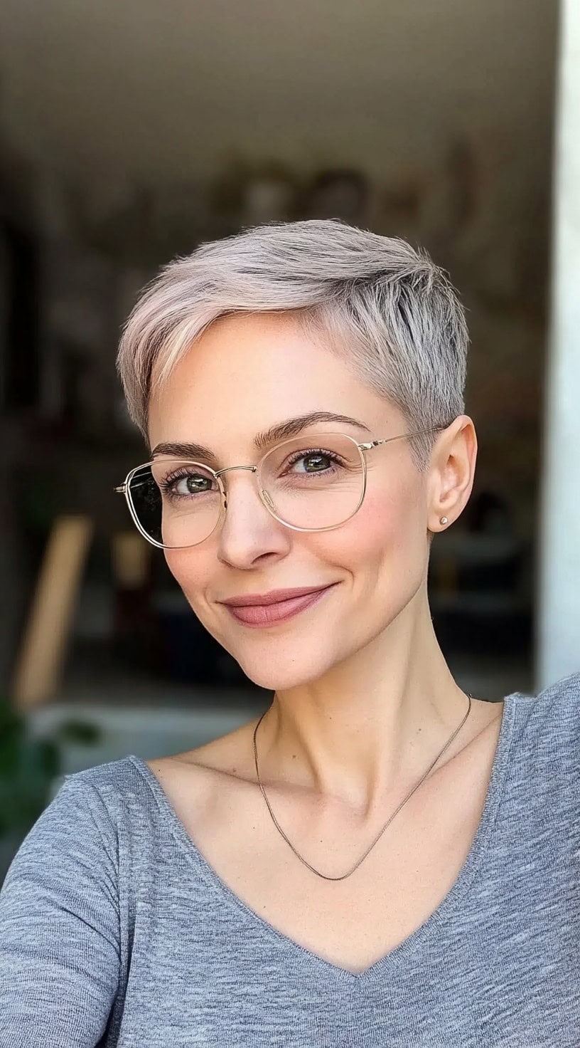 A woman with an ash-blonde pixie cut and glasses, softly smiling in indoor light.