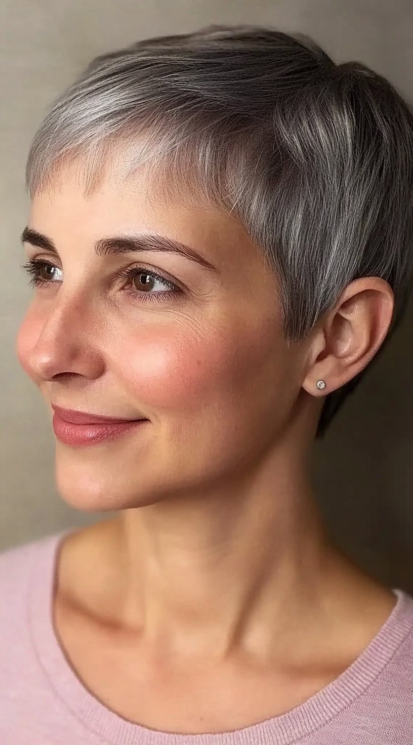 A woman with a silver feathered pixie cut and softly tapered sides is smiling slightly, wearing a blush pink top.