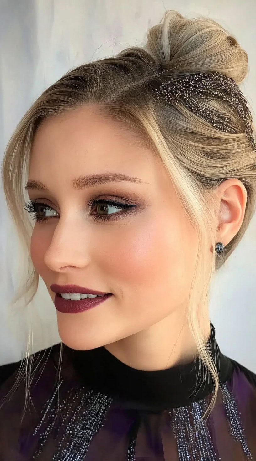 A blonde woman wearing a soft high bun accented with a beaded hair clip on the side and loose face-framing strands.