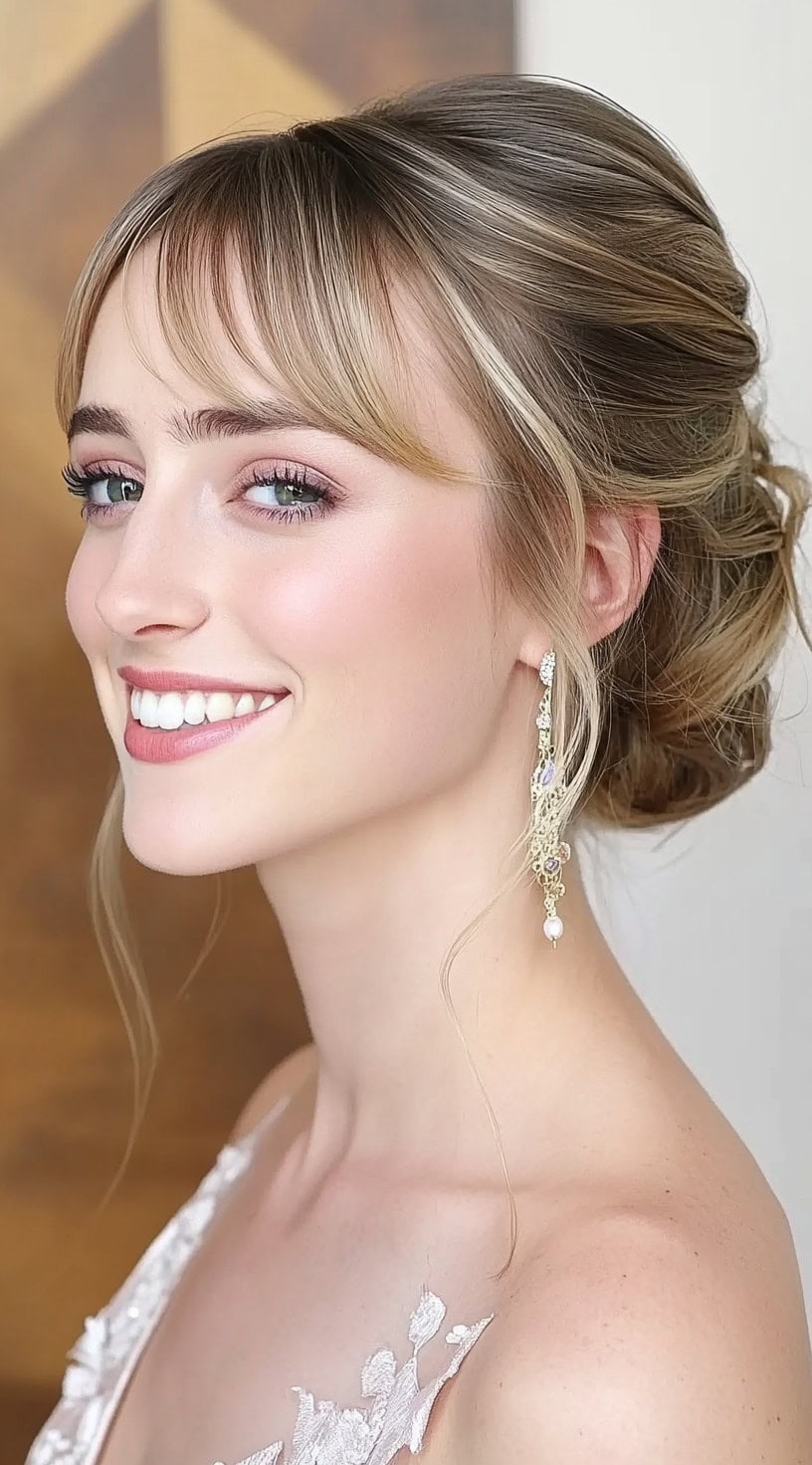 A woman with fine hair styled into a loose chignon, featuring face-framing side bangs and soft tendrils.