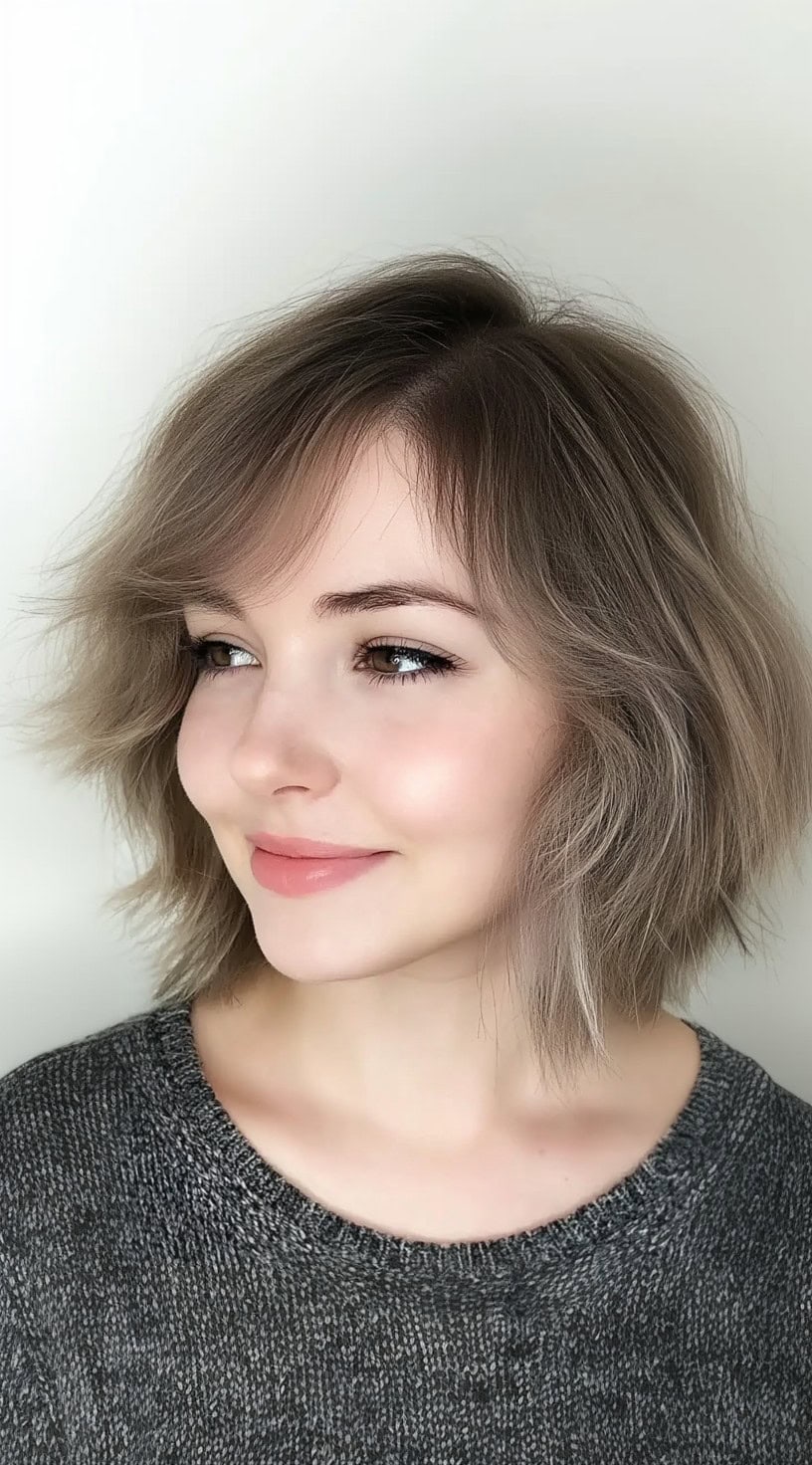 A woman with a soft shag bob featuring feathered bangs and subtle ashy tones styled into loose, natural waves.