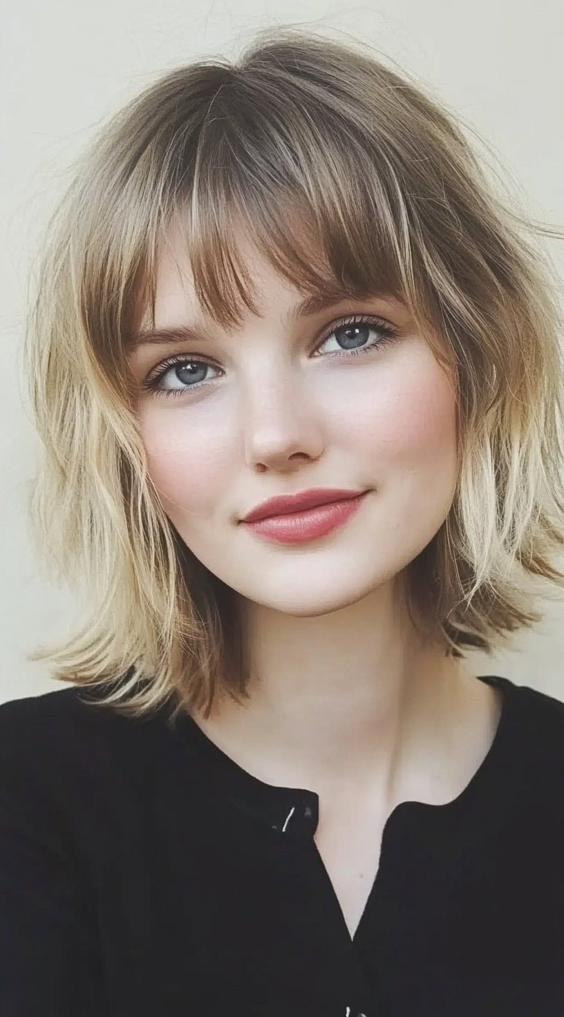 A woman with a softly tousled shag bob and delicate micro bangs, styled with texture and light blonde highlights.