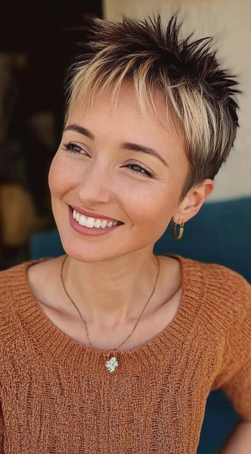 A woman with a spiky blonde pixie cut featuring dark roots, smiling while wearing a rust-colored sweater.