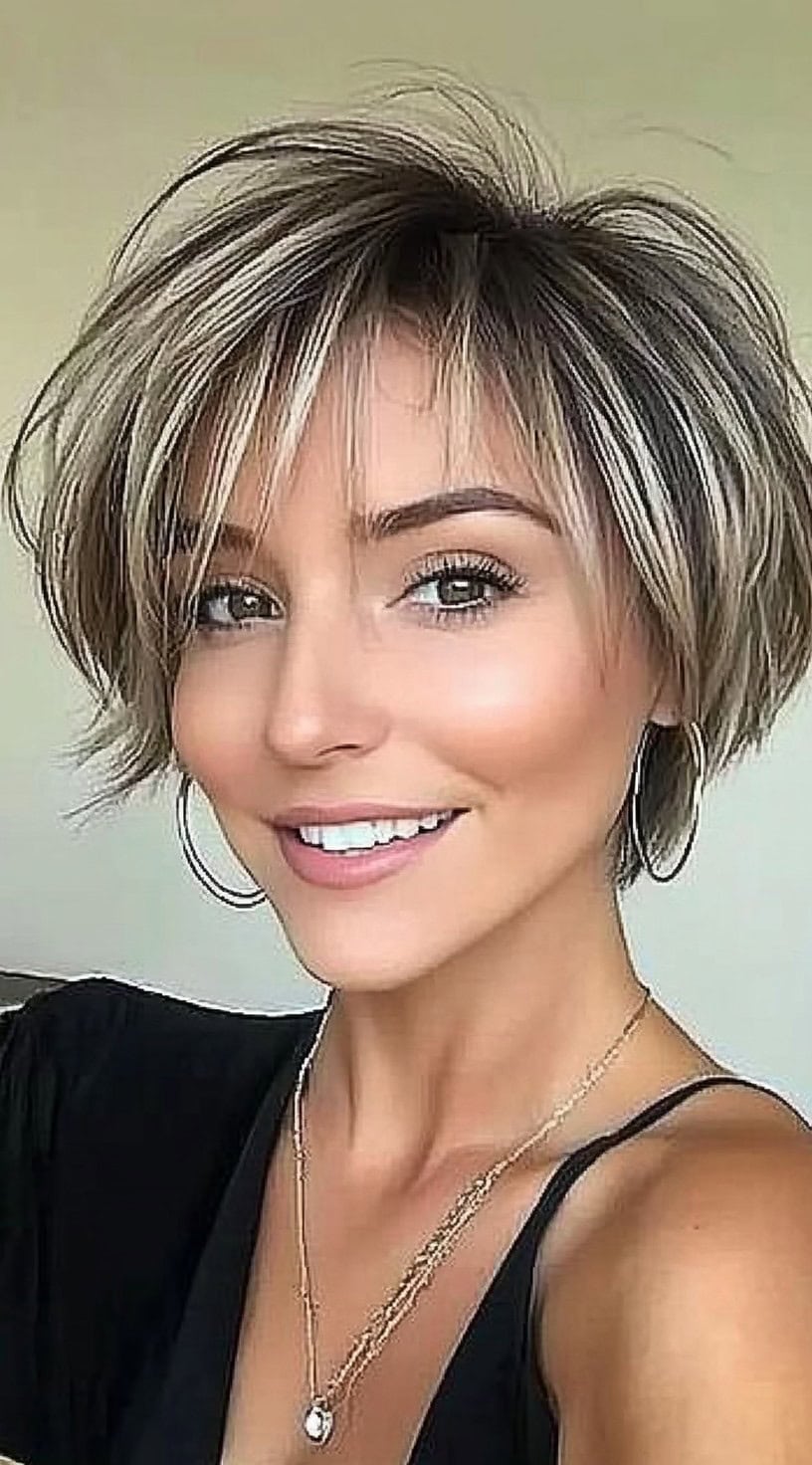 Smiling woman with a voluminous stacked pixie bob and blonde highlights wearing hoop earrings.