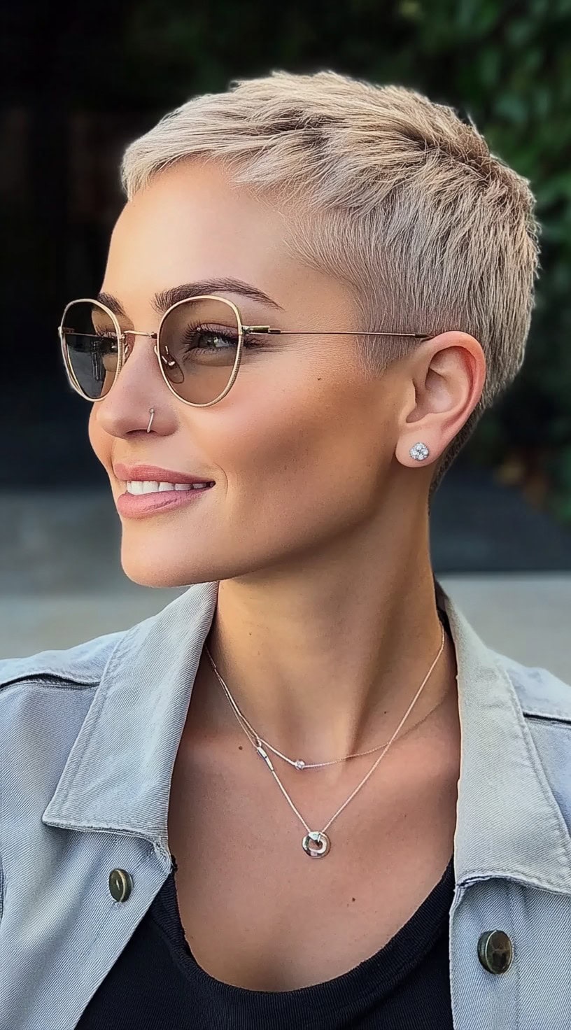 A platinum blonde buzz cut with a soft taper around the ears and neckline, worn with round sunglasses and subtle jewelry.