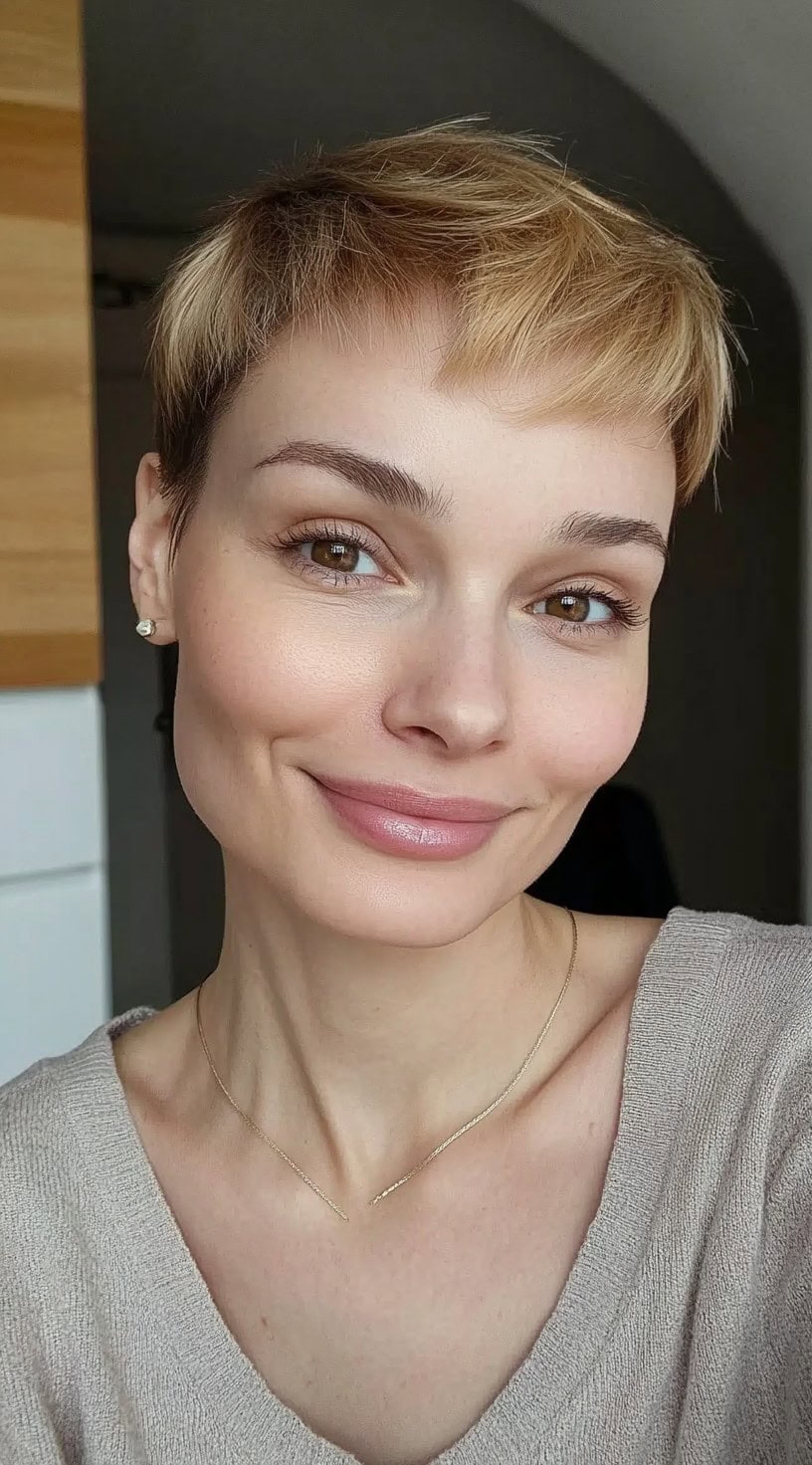 A woman with a soft tawny blonde pixie cut and wispy fringe, smiling casually in natural light.