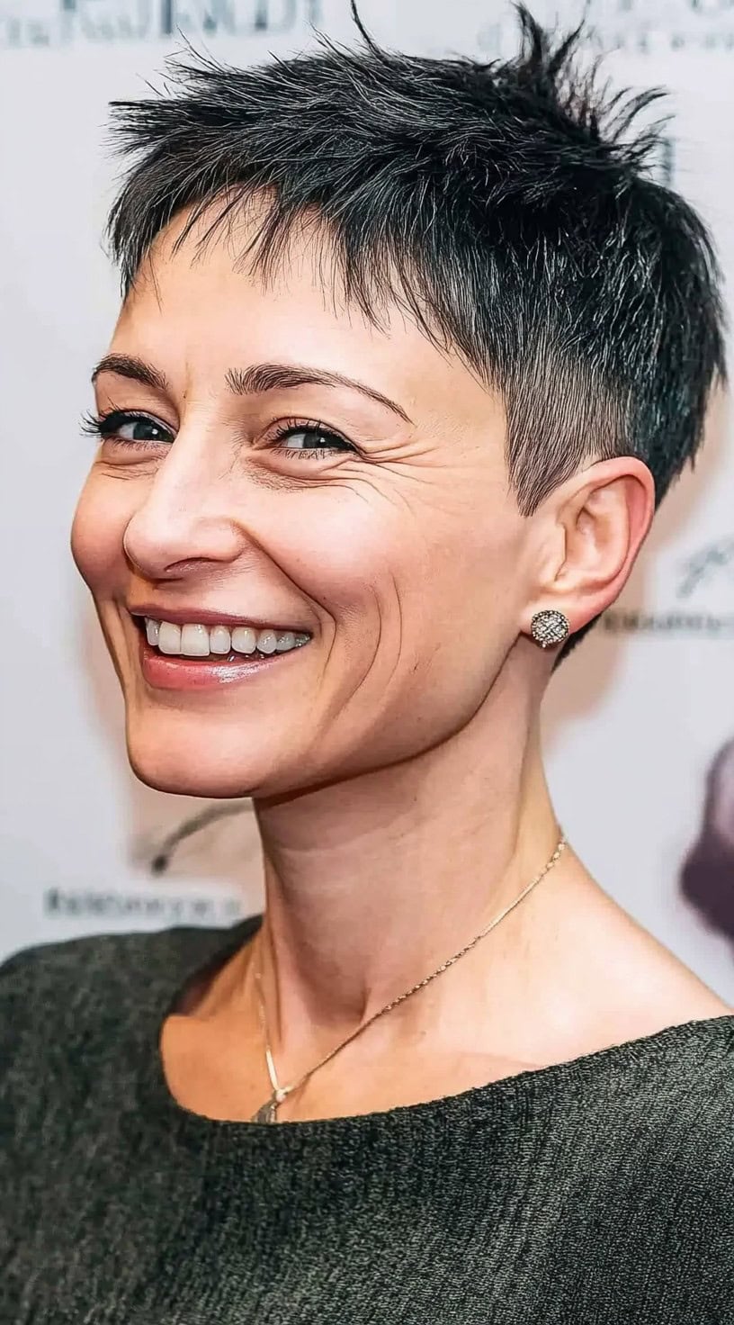 A woman with a short dark pixie and spiky, point-cut fringe, smiling under soft spotlight.