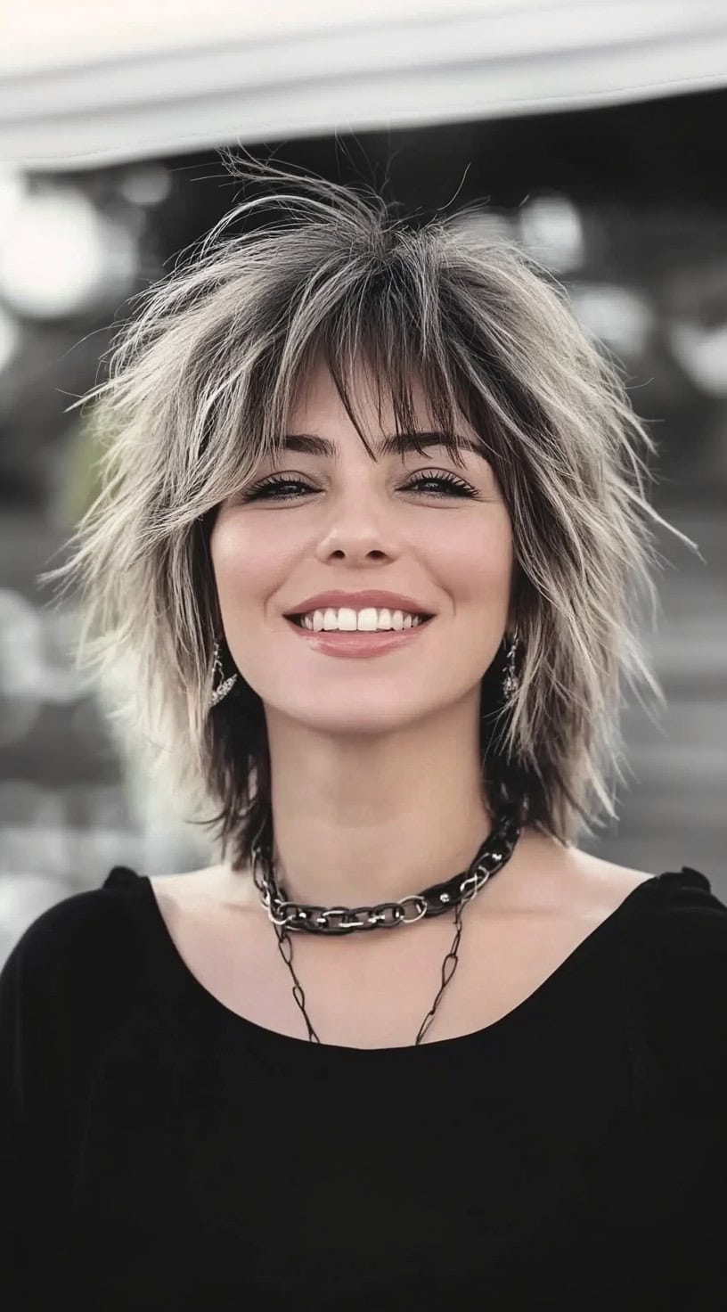 A woman with a rock-inspired shaggy bob featuring heavy layers, choppy bangs, and dark-to-light contrast.