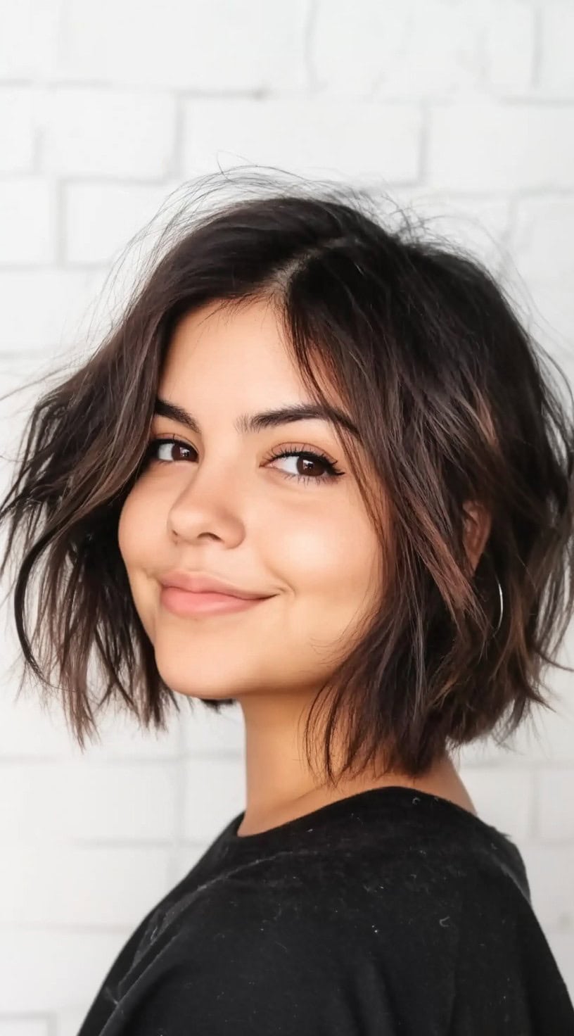 A woman with a dark textured bob, styled with tousled ends and swept slightly to one side for a voluminous profile.