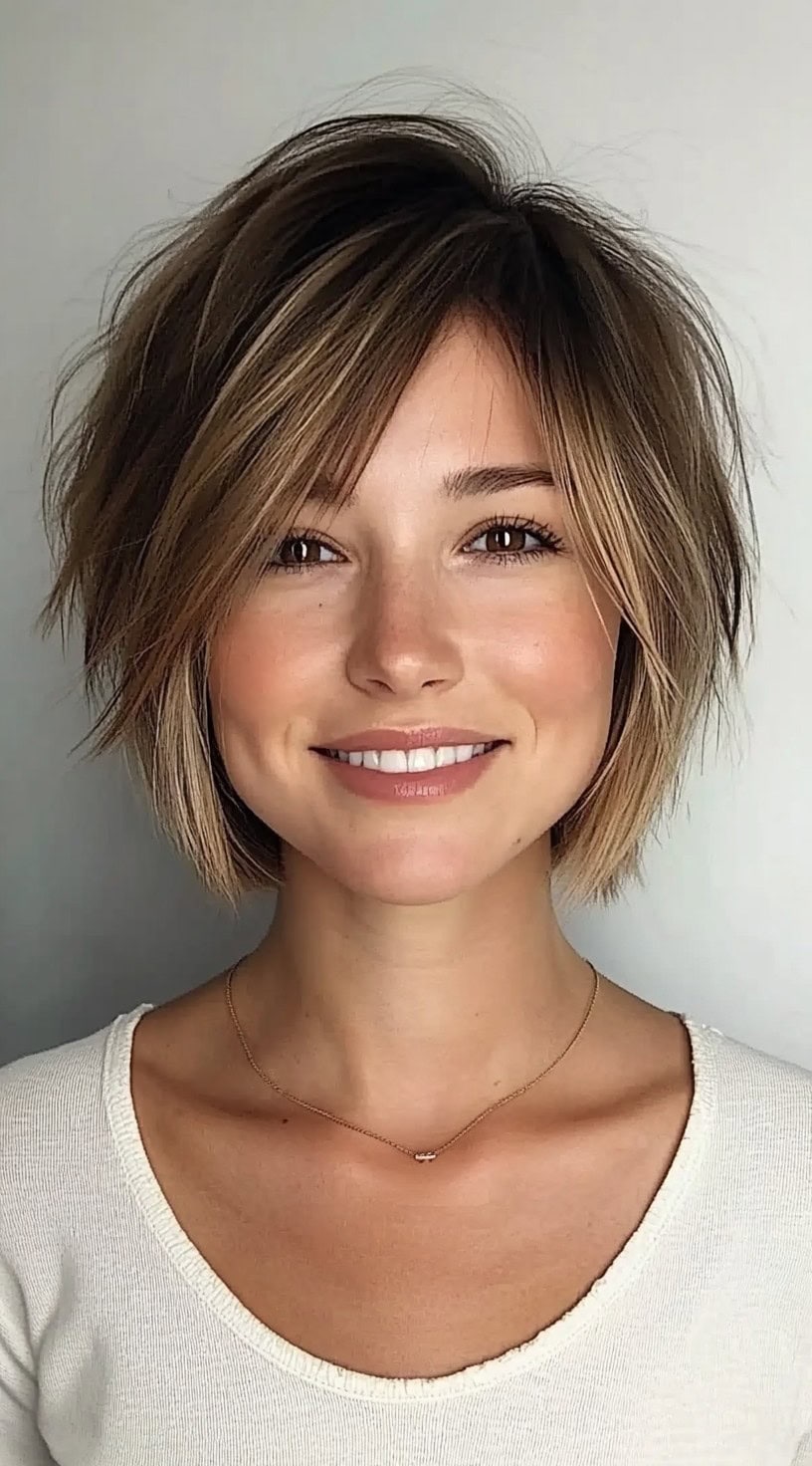 A woman with a layered bob featuring side-swept bangs and soft caramel brown highlights adding depth to her shaggy cut.