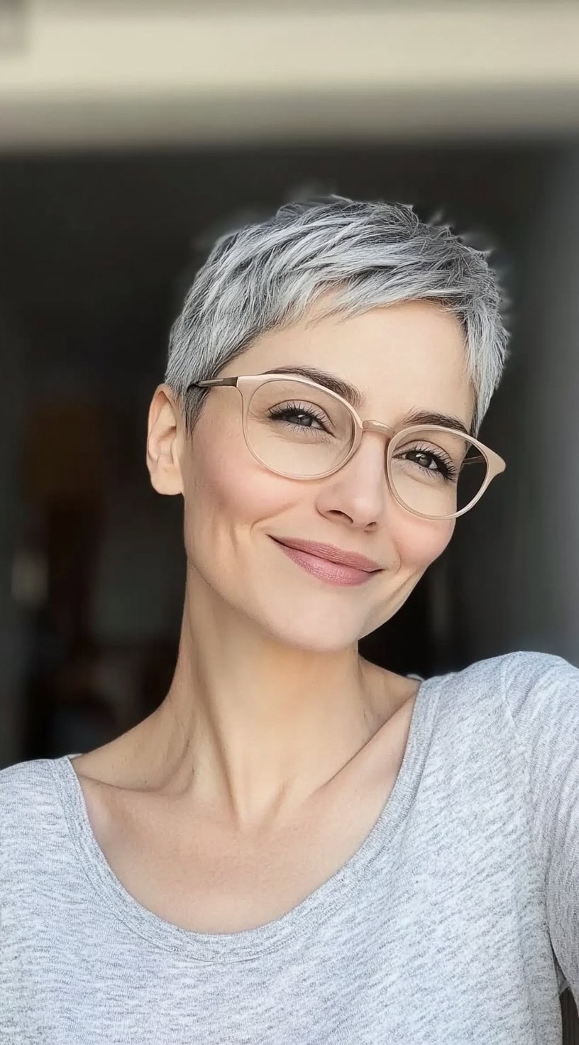 A woman with a short silver pixie cut, wearing glasses and smiling in soft natural lighting.