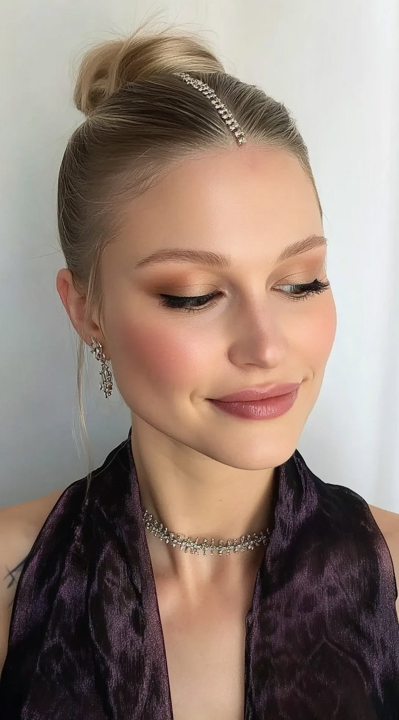 A woman with a slicked-back bun and rhinestone strip along the center part, paired with delicate evening makeup.