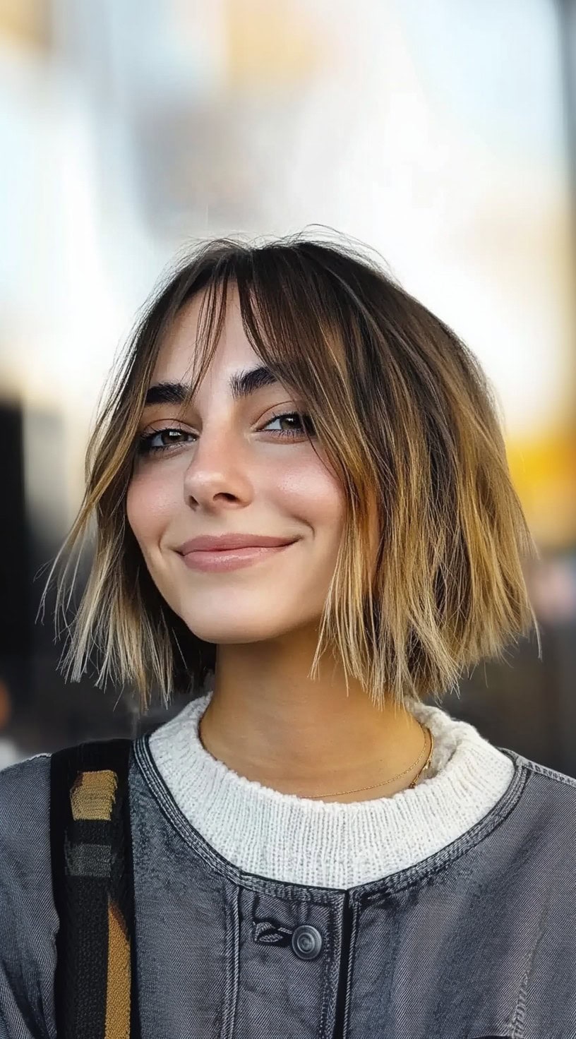 A woman with a shaggy bob that has curtain bangs and subtle ombre tones, giving the hairstyle depth and dimension.