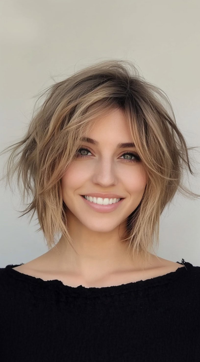 A woman with a textured bob and soft, layered fringe, styled with tousled waves and warm blonde lowlights.