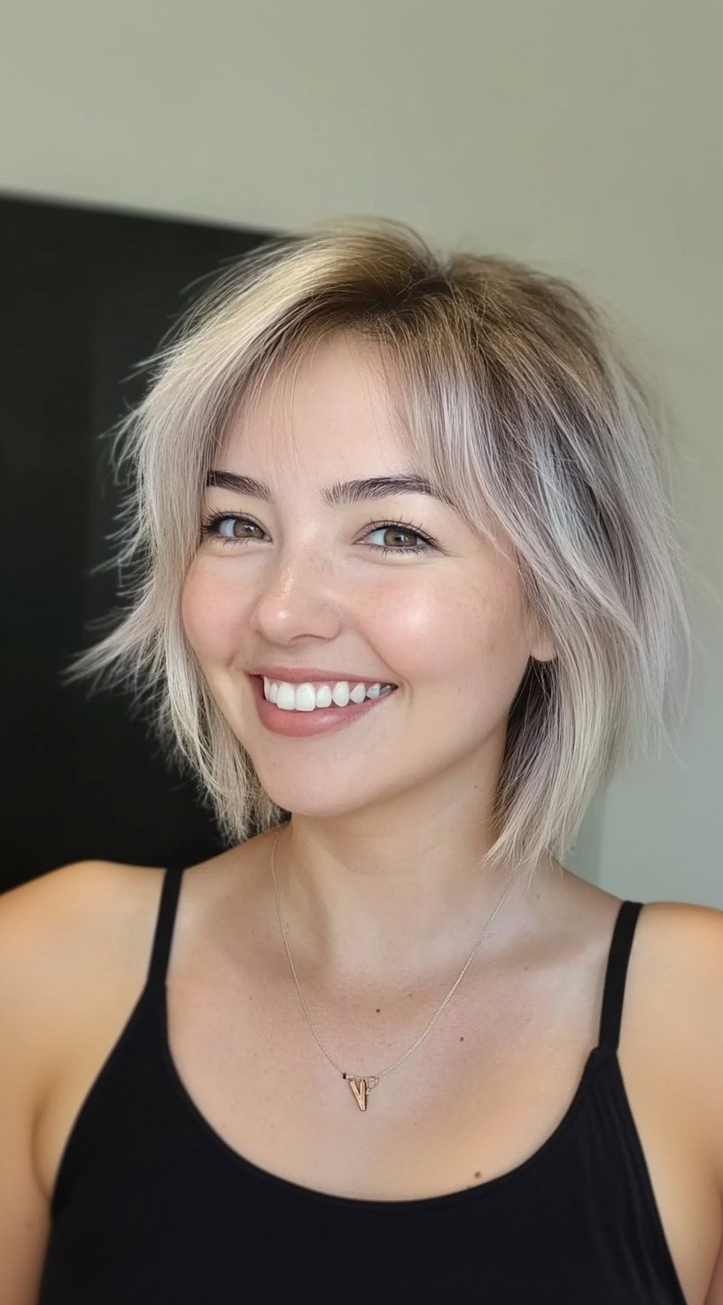 A short tousled bob with wispy layers and soft bangs, worn by a smiling woman with ash-blonde hair and a choppy texture.