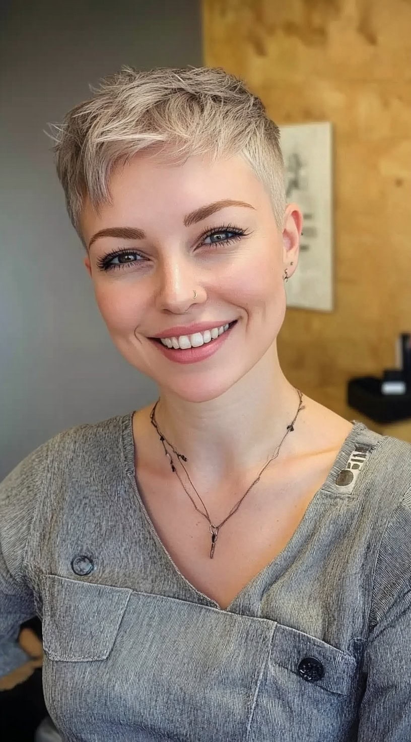 A woman with a champagne-blonde pixie haircut and a choppy fringe, smiling in a salon setting.