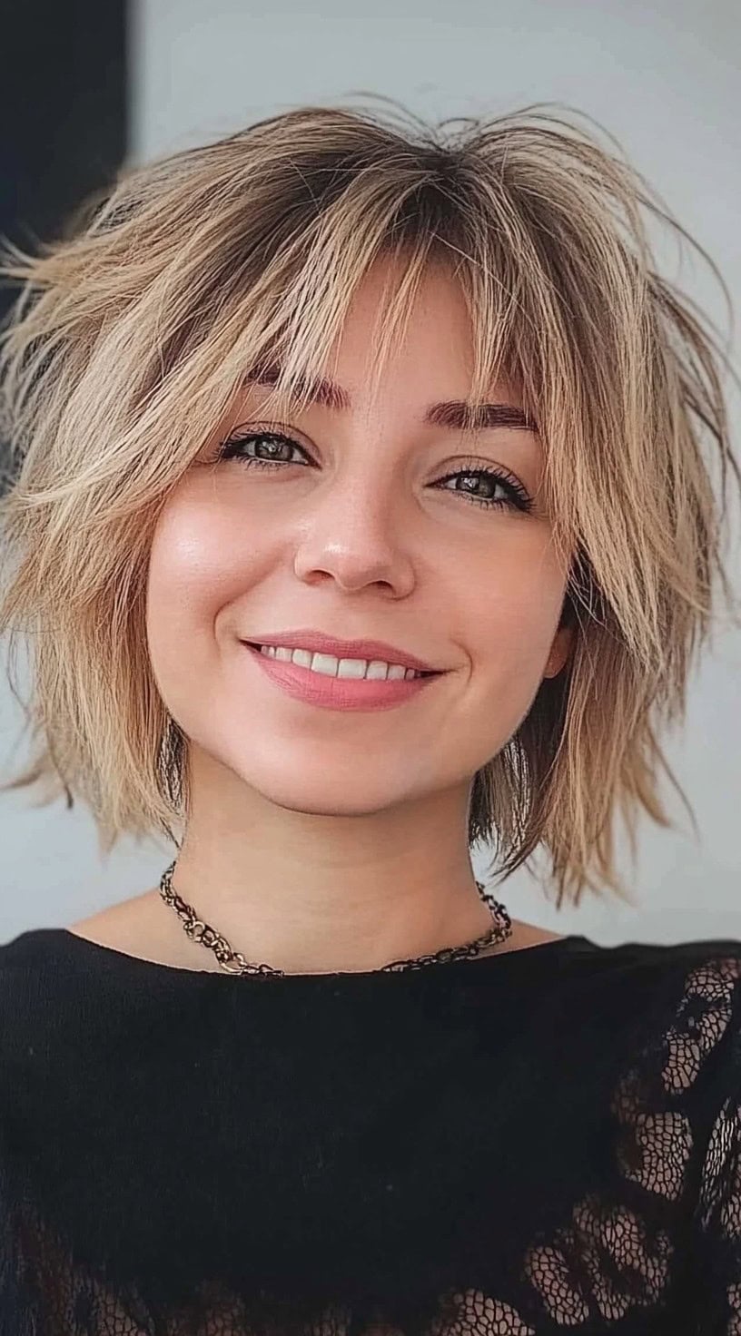 A woman with a tousled bob cut styled with layered texture and a slightly choppy fringe.