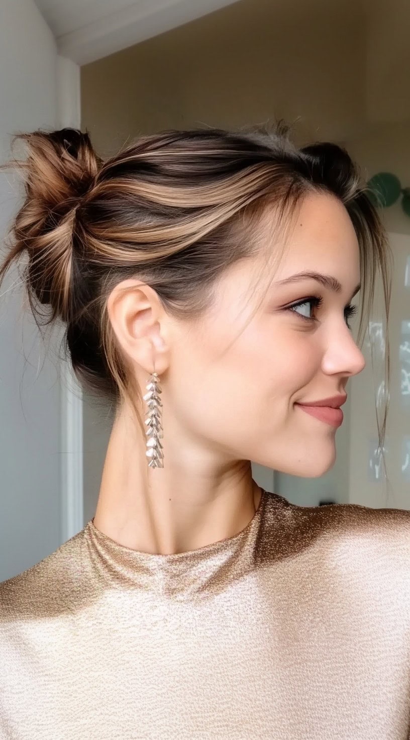 A woman with highlighted brown hair styled in a tousled mini bun, with loose face-framing strands and soft waves.