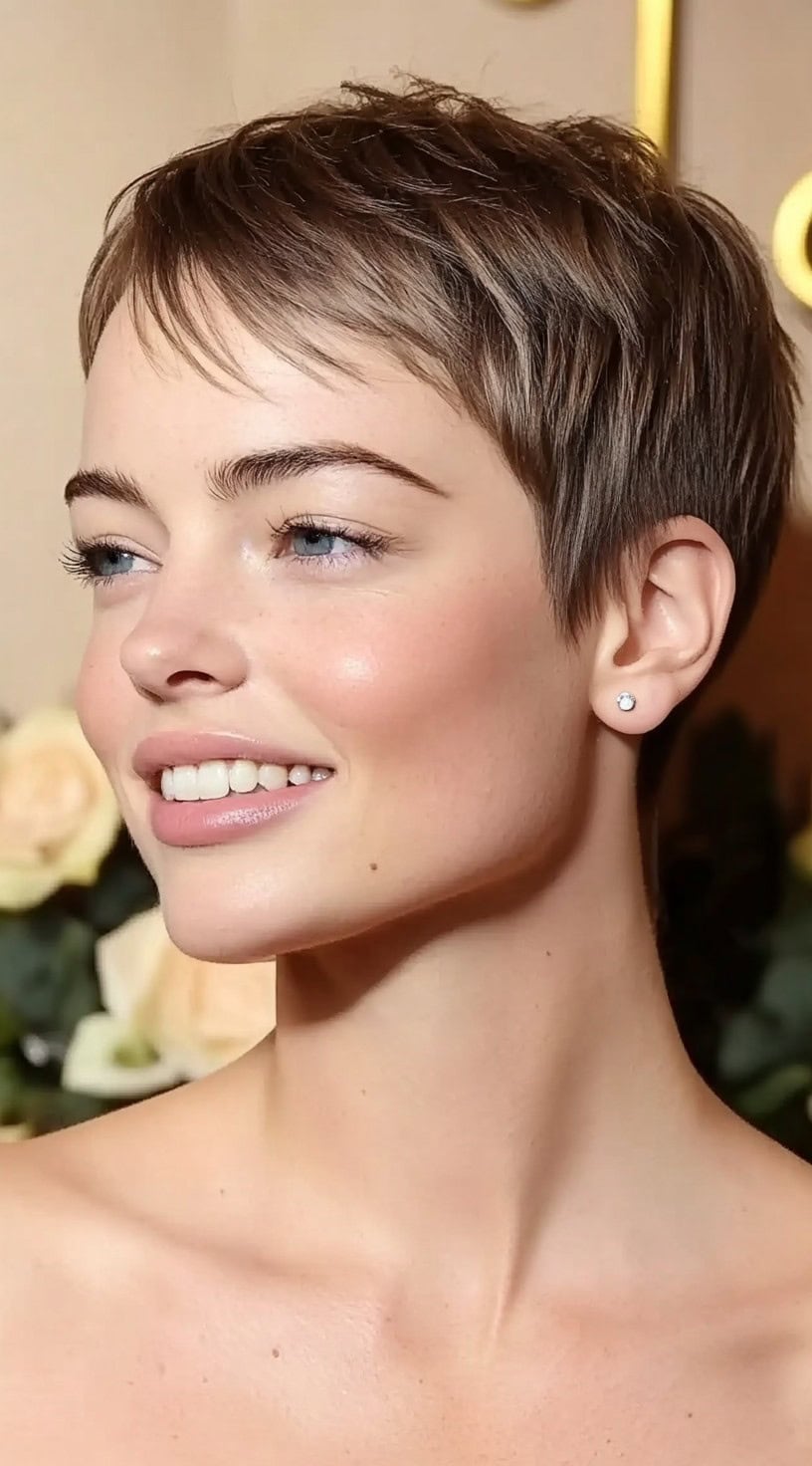 A woman with a soft brown pixie and wispy, tousled bangs is smiling in front of a floral backdrop.