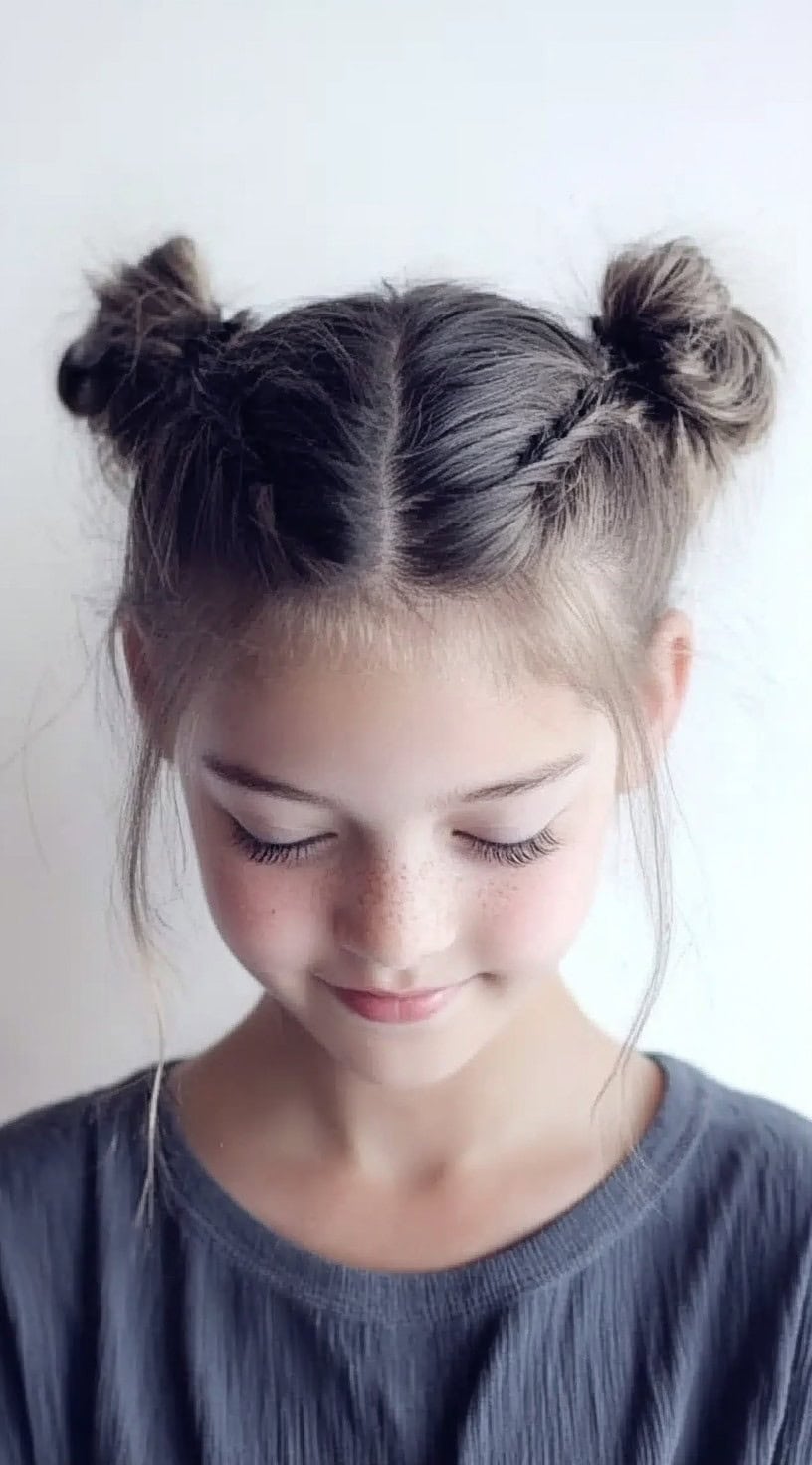 A young girl with dark hair styled into two messy space buns secured with side braids and loose tendrils framing her face.