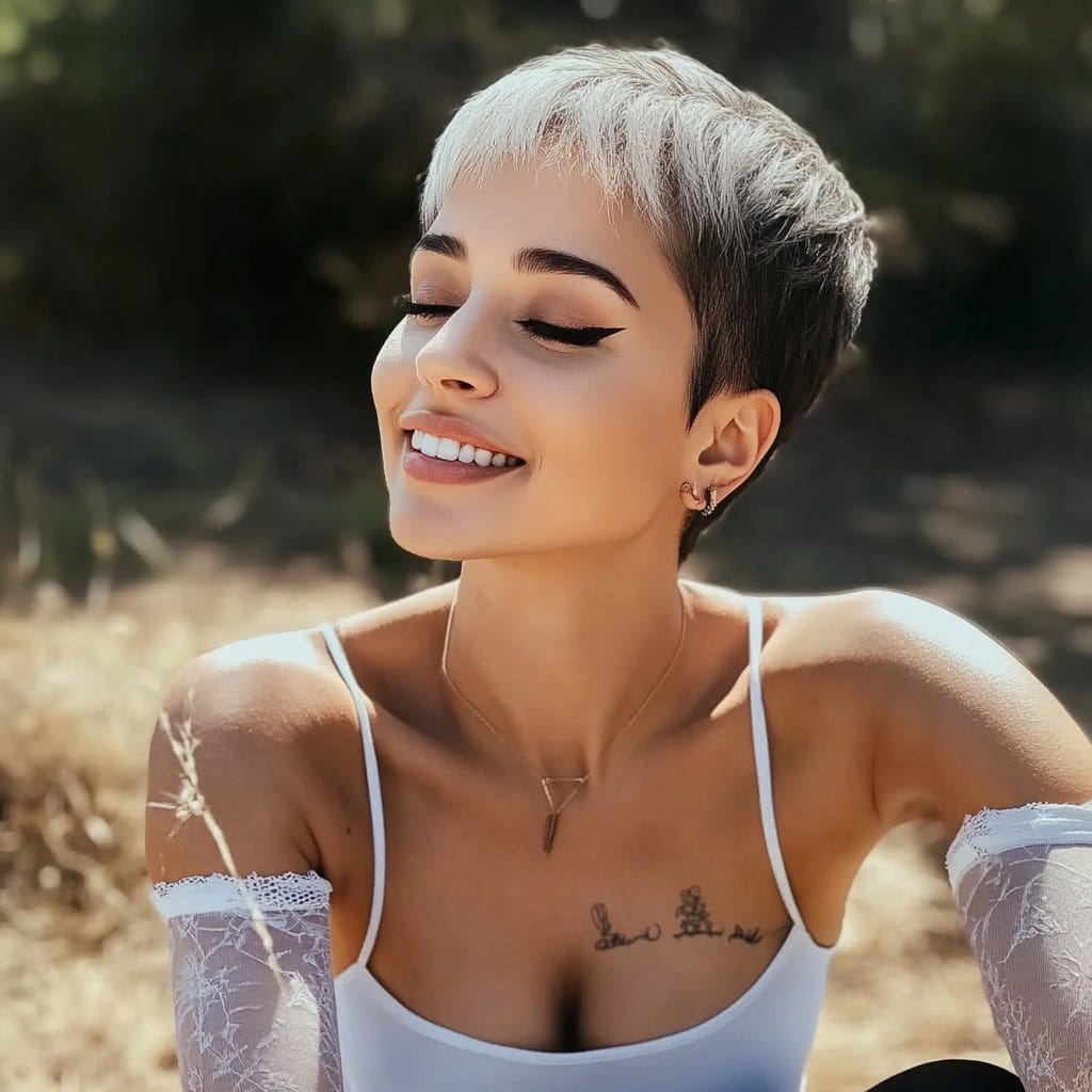 A woman outdoors with a two-tone pixie - silver on top and dark underneath - smiling with eyes closed.