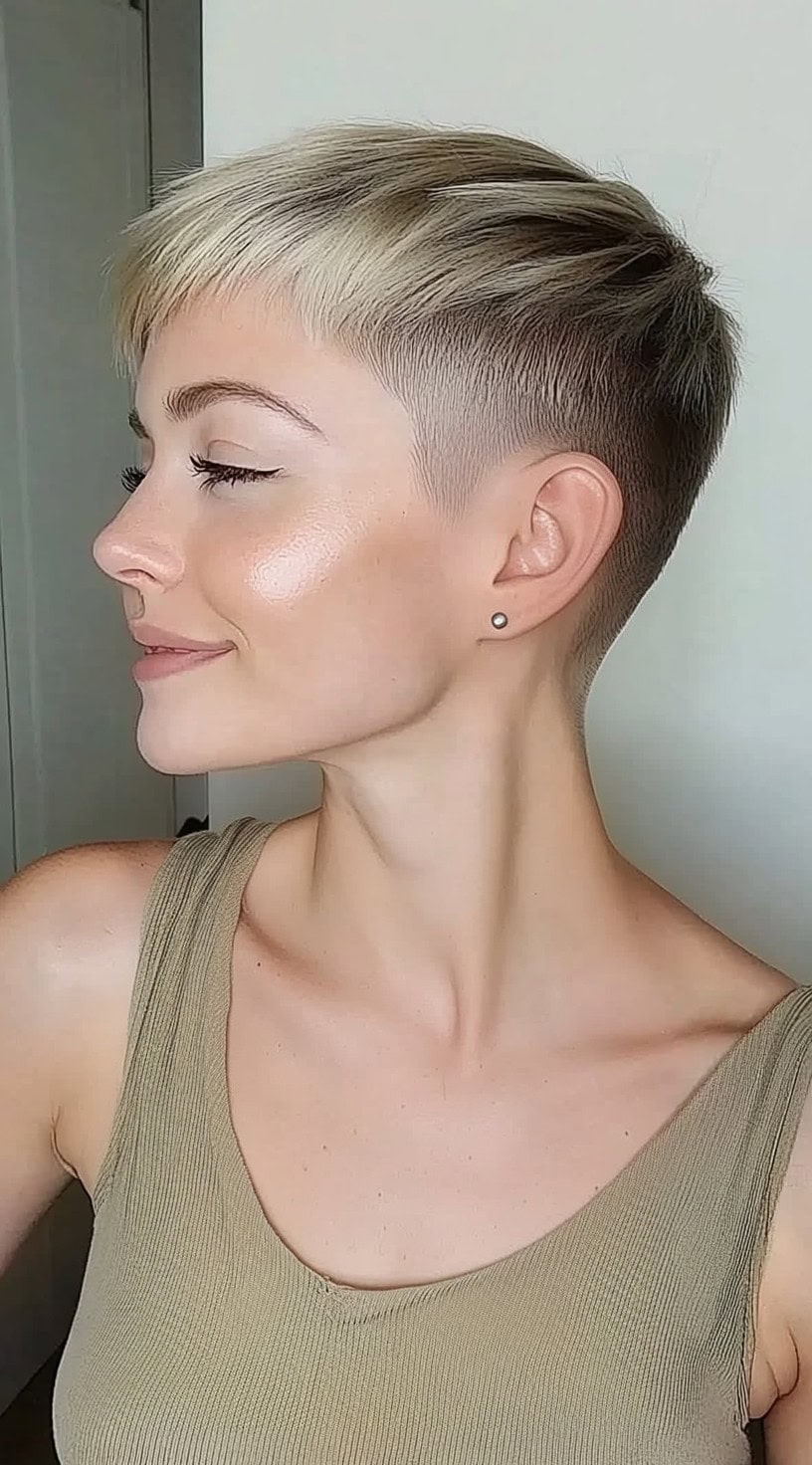 A platinum pixie with a dramatic taper fade and a long textured top styled forward, exposing a clean, sharp neckline.