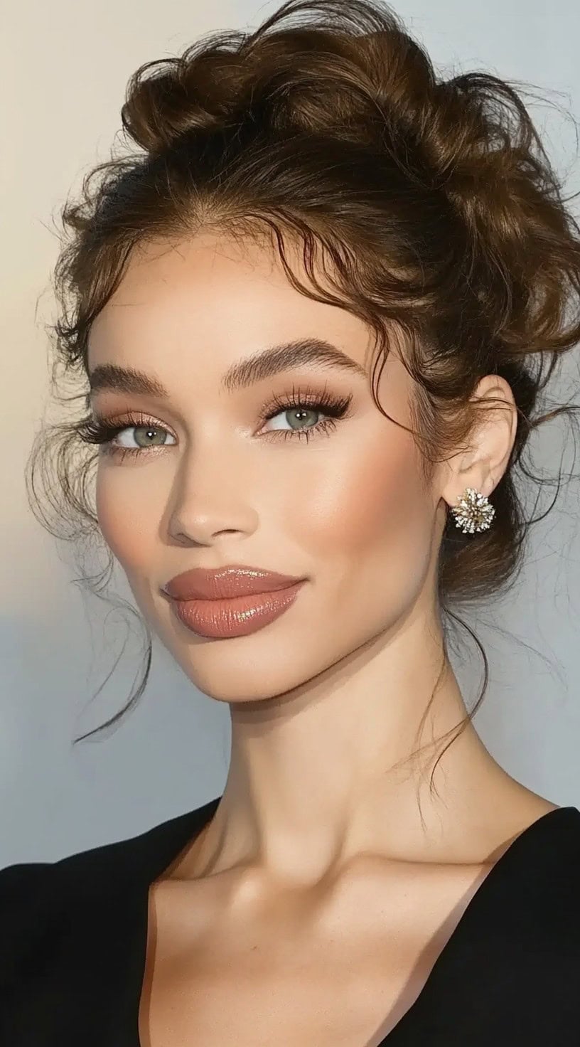 A woman with curly hair styled into a high updo with loose curly tendrils framing her face and a softly defined hairline.