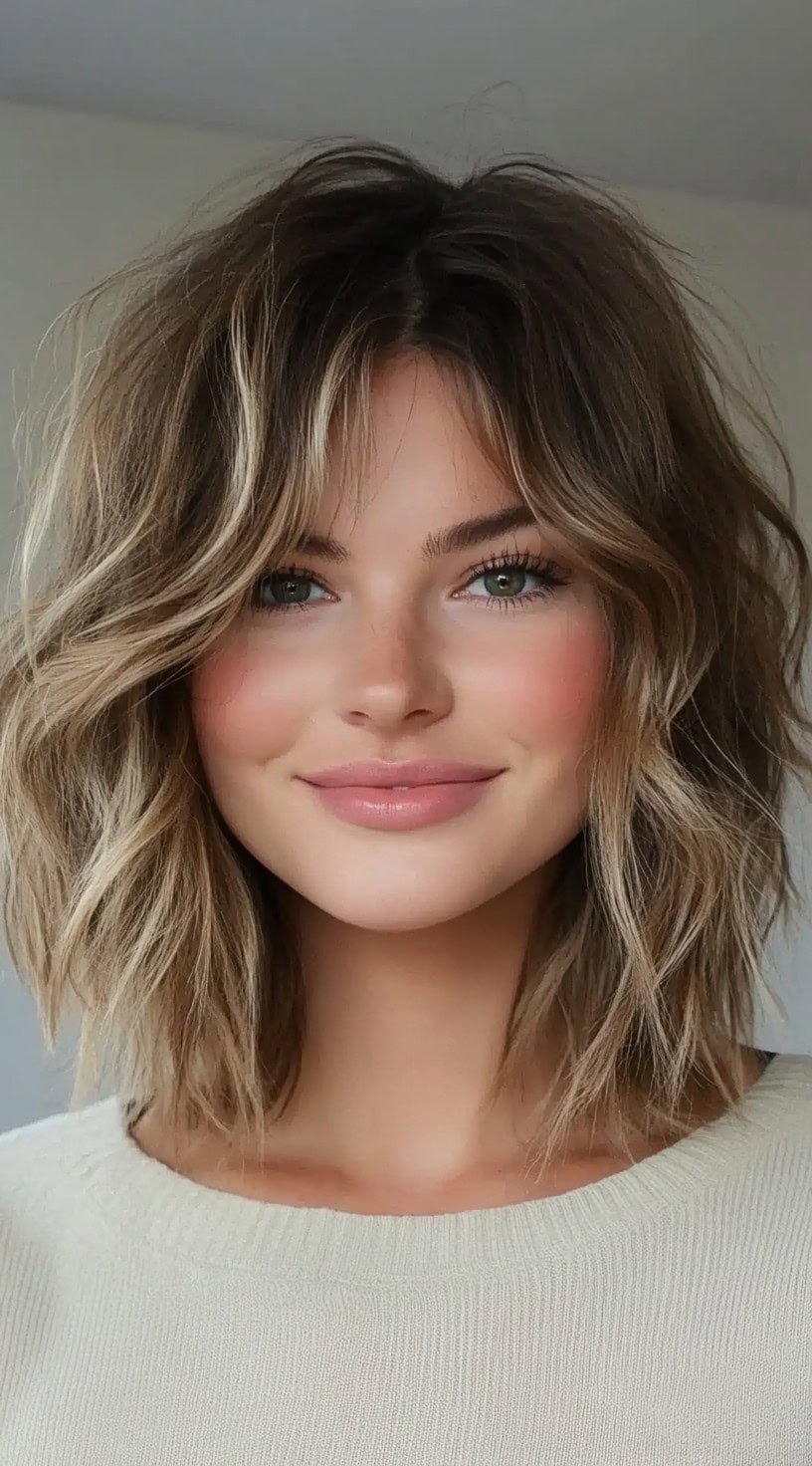 A woman with a voluminous shaggy bob and soft beachy waves, blending golden tones that catch the light.
