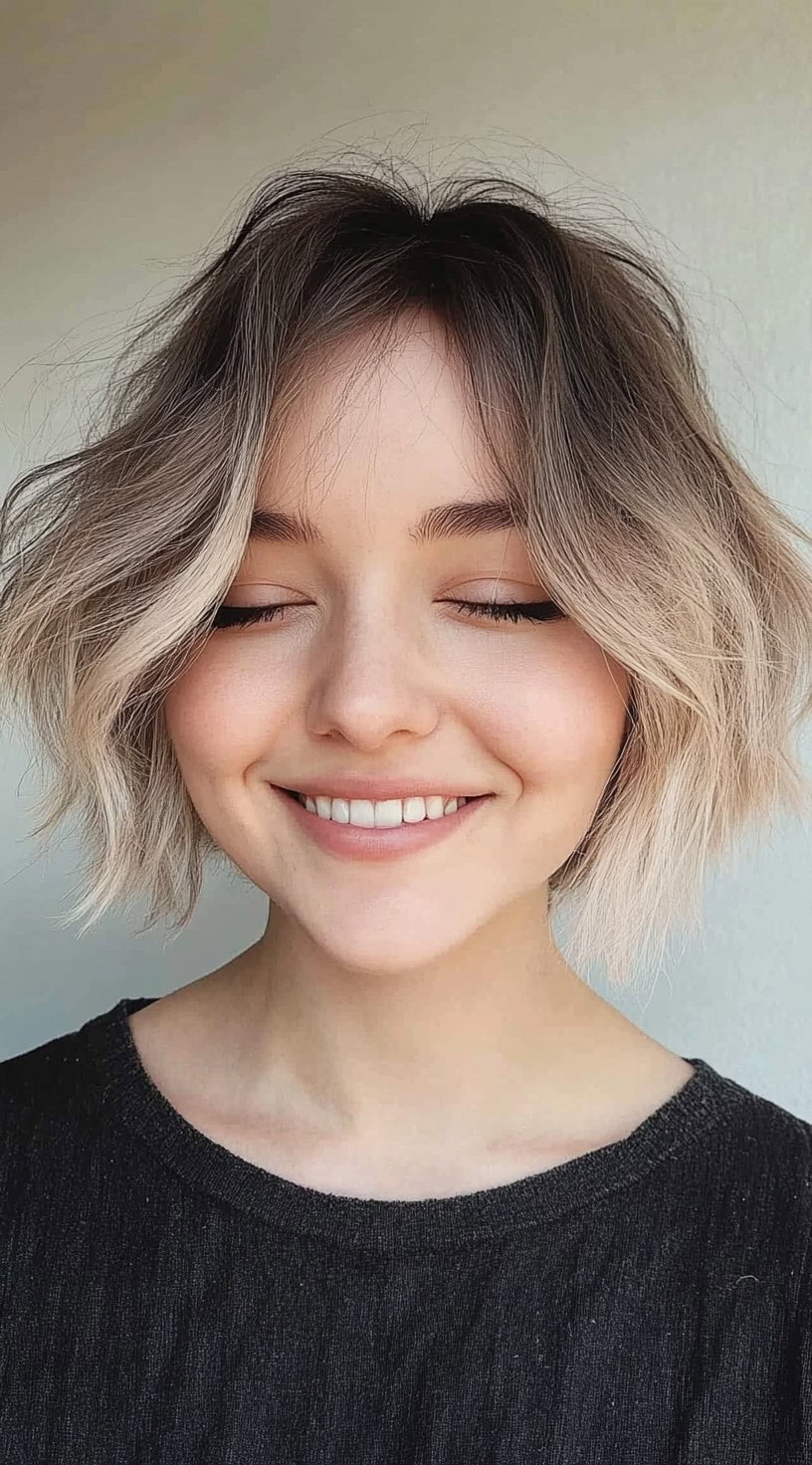 A woman with eyes closed, wearing a short shaggy bob in warm blonde tones and textured waves softly framing her face.