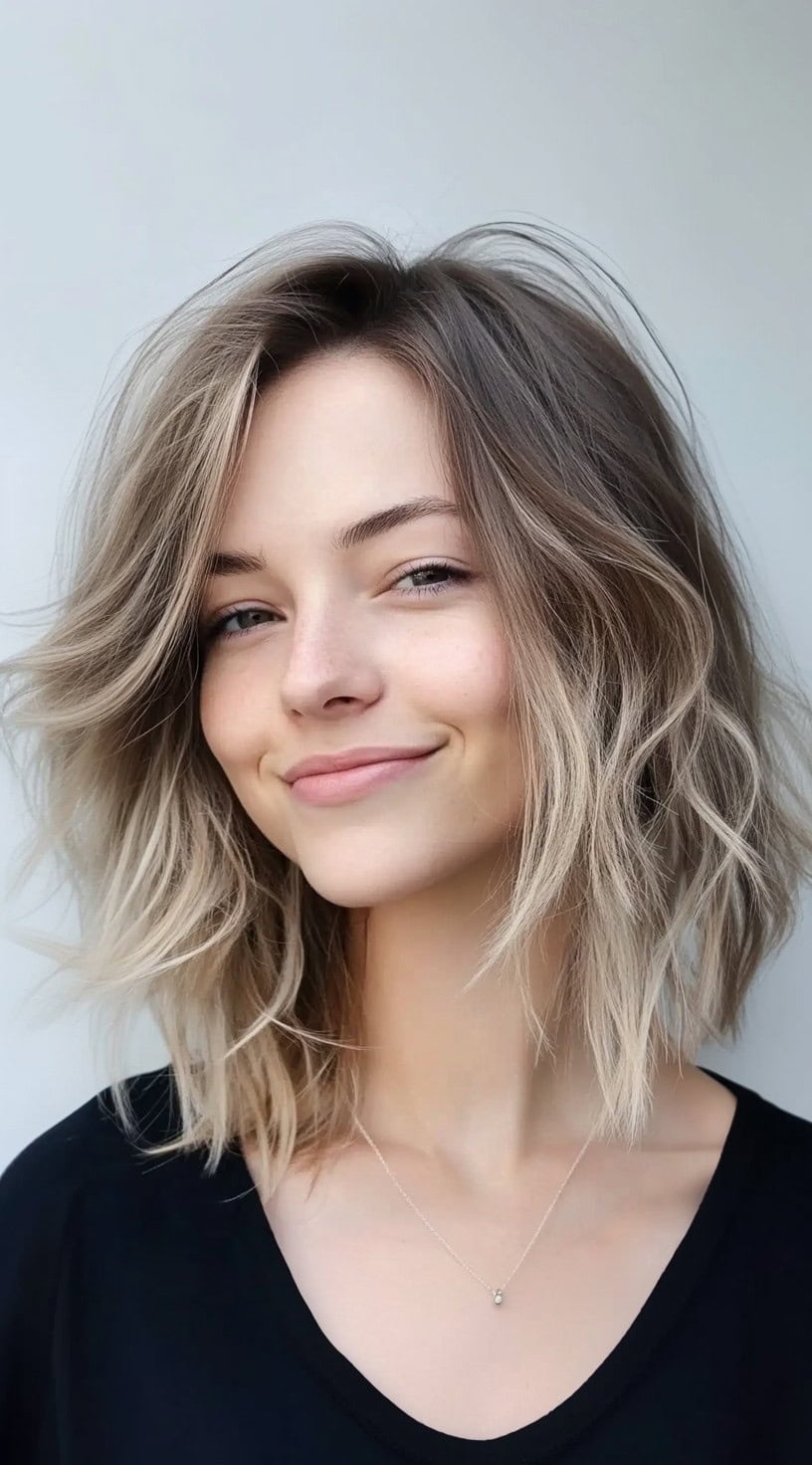 A soft wavy lob with ashy blonde balayage and long face-framing layers, styled with a natural finish and center part.