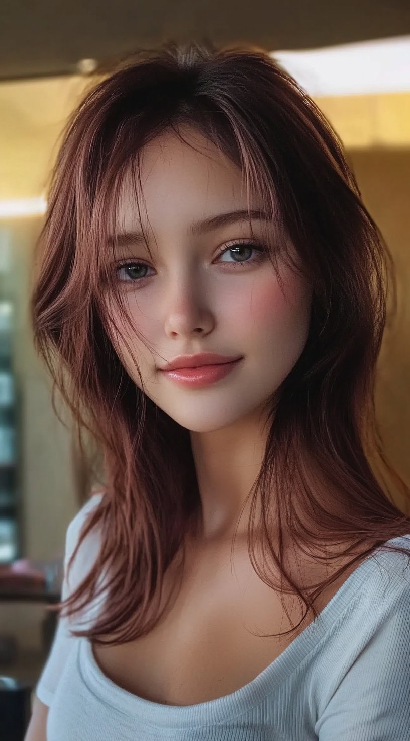 A soft, chest-length haircut with long face-framing layers and a center part, styled with wispy volume and flow.